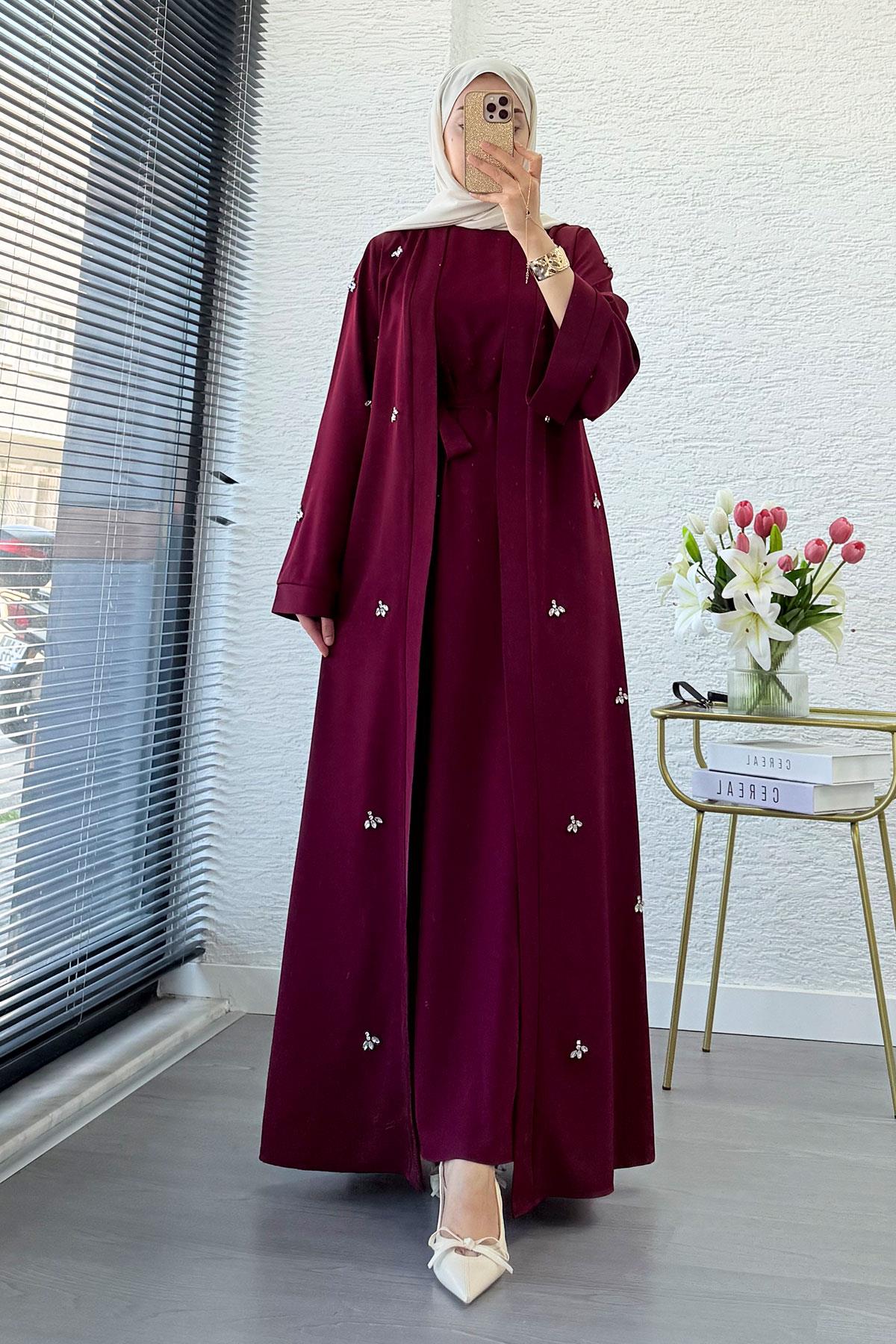 Taş İşlemeli İkili Abaya Takım - Bordo
