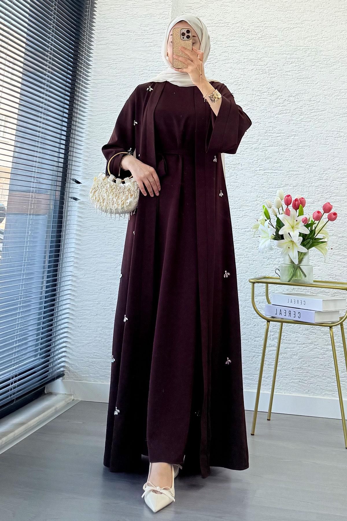 Taş İşlemeli İkili Abaya Takım - Kahverengi