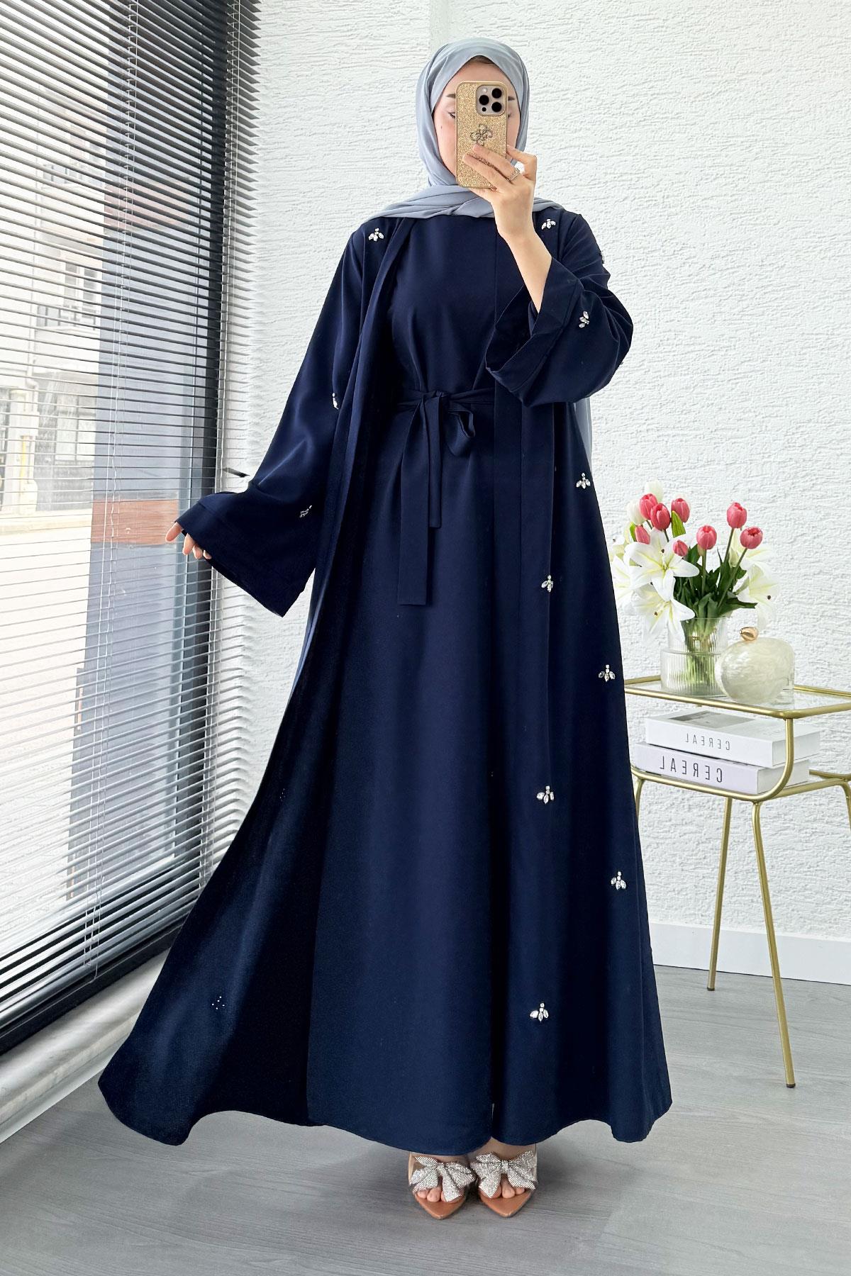 Taş İşlemeli İkili Abaya Takım - Lacivert