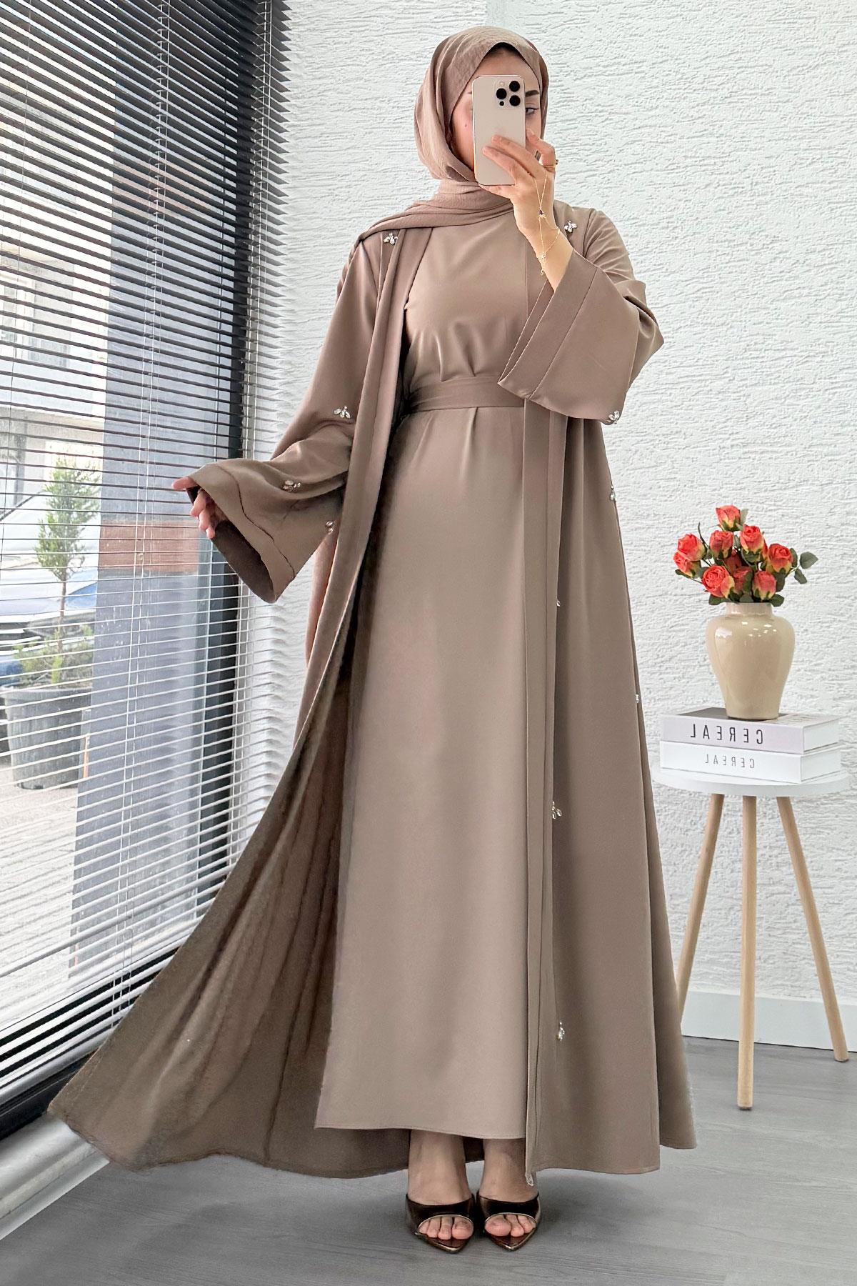 Taş İşlemeli İkili Abaya Takım - Vizon