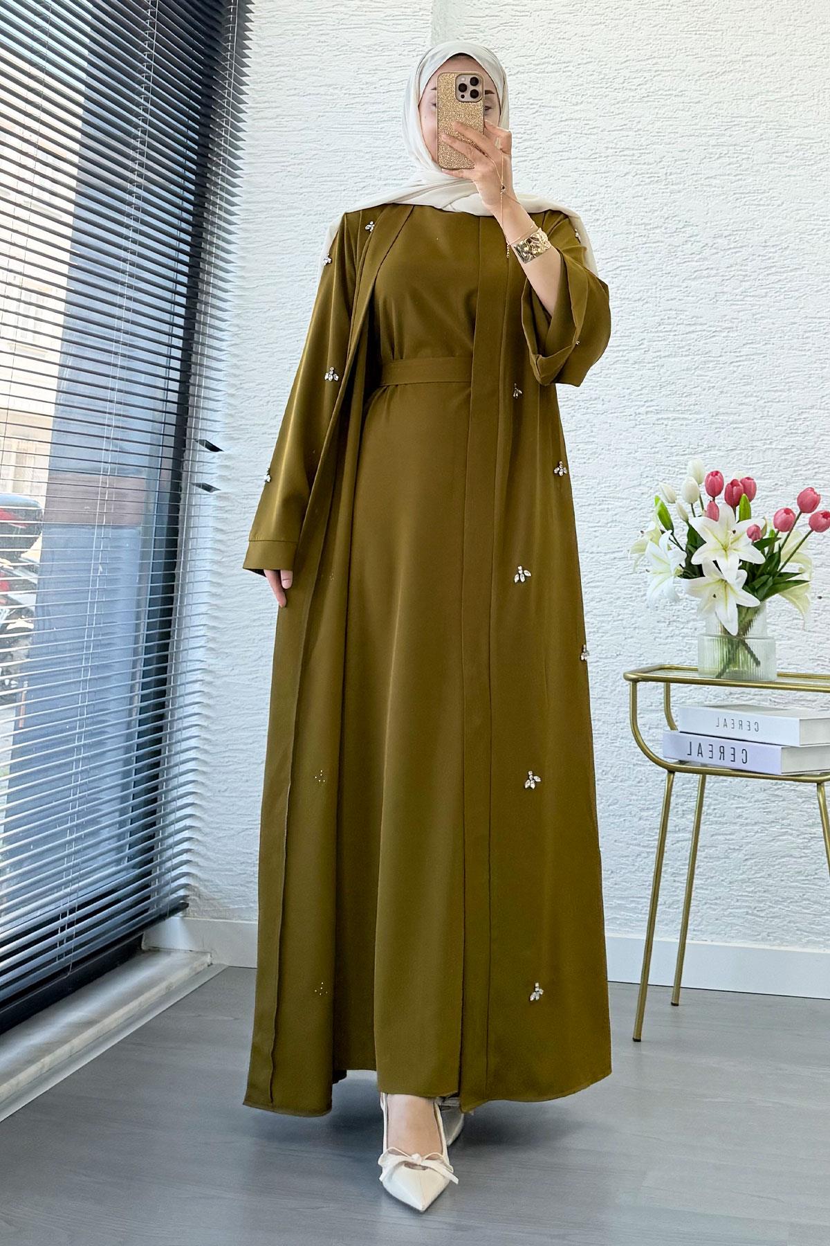 Taş İşlemeli İkili Abaya Takım - Yağ Yeşili