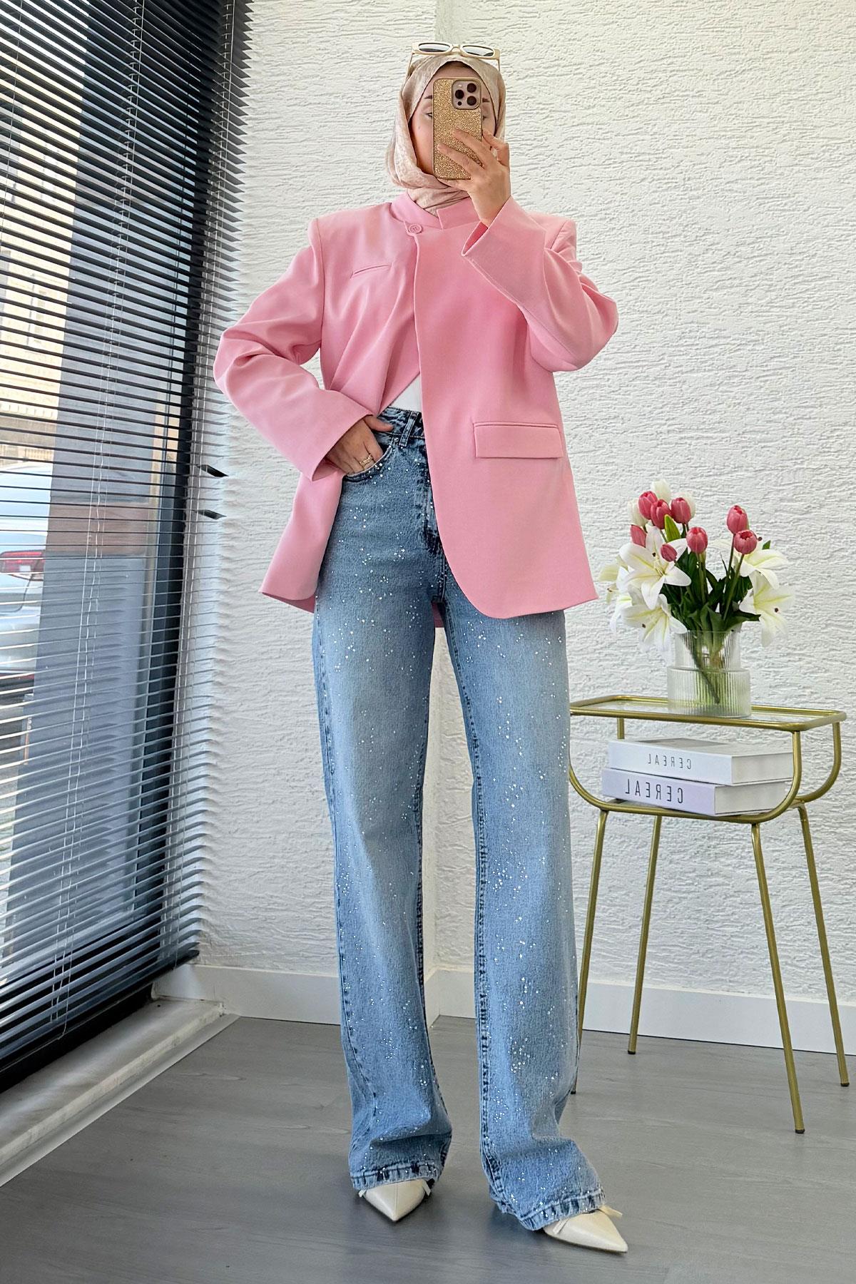 Tasarım Taş Detaylı Straight Denim Pantolon - Mavi