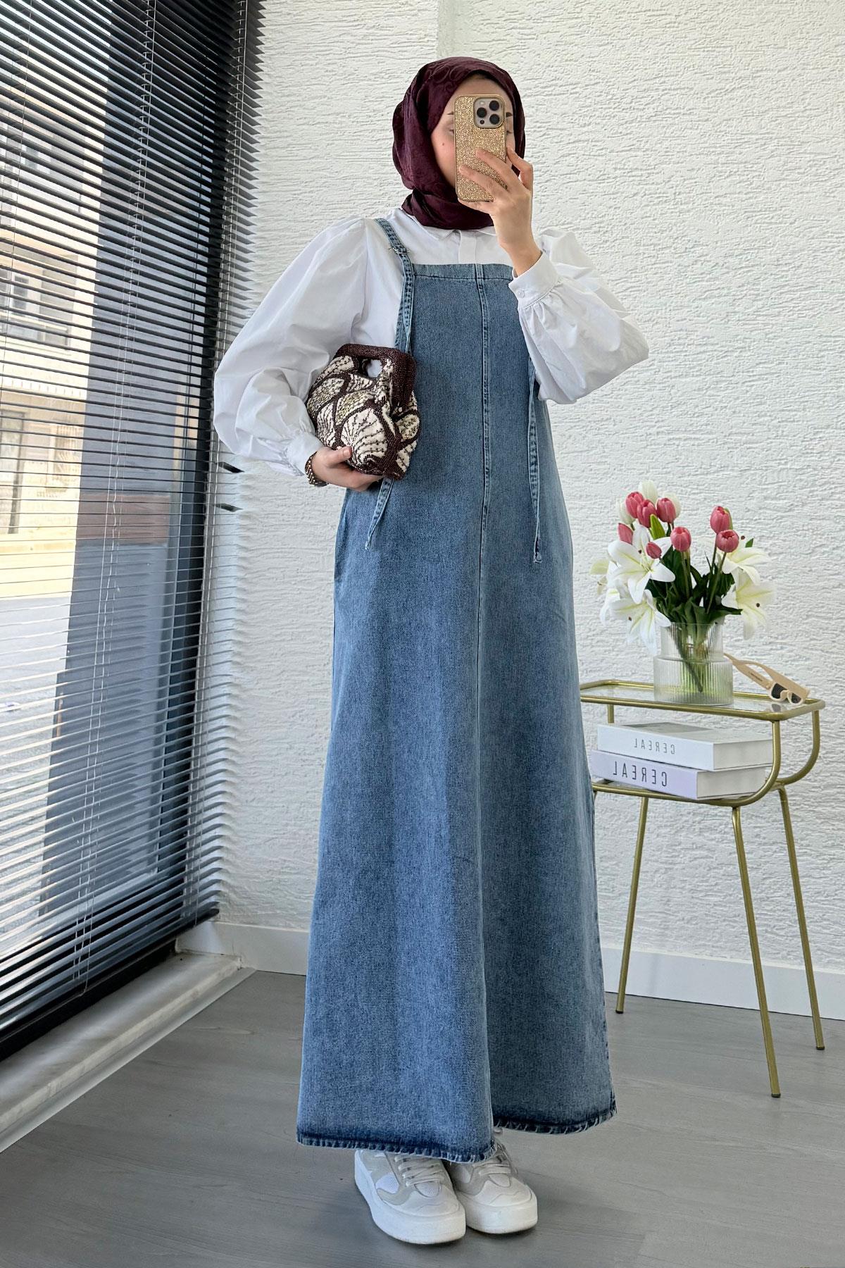 Uzun Denim Kot Salopet Jile Elbise - Açık Mavi
