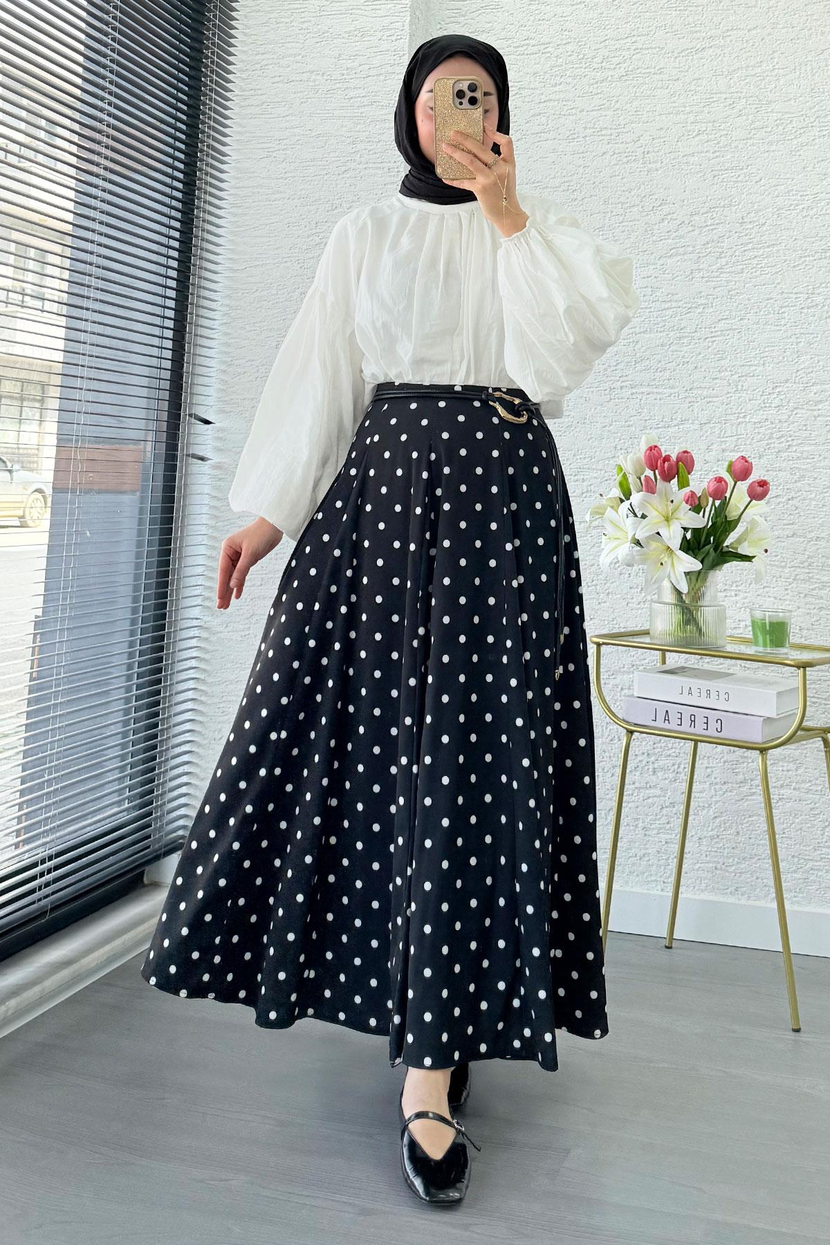 Vintage Puantiye Desenli Yüksek Bel Flare Etek - Siyah