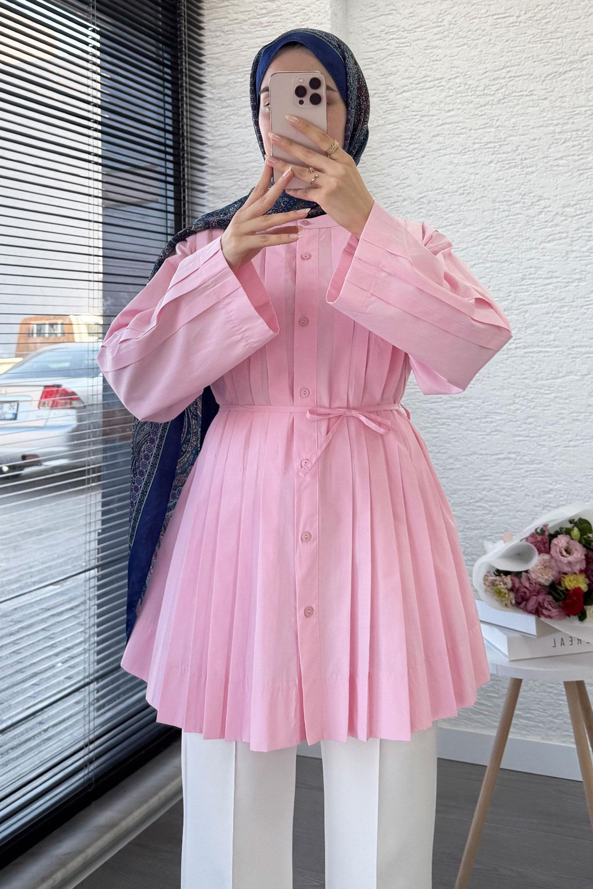 Volan Kol Nervür Detaylı Poplin Tunik – Pembe