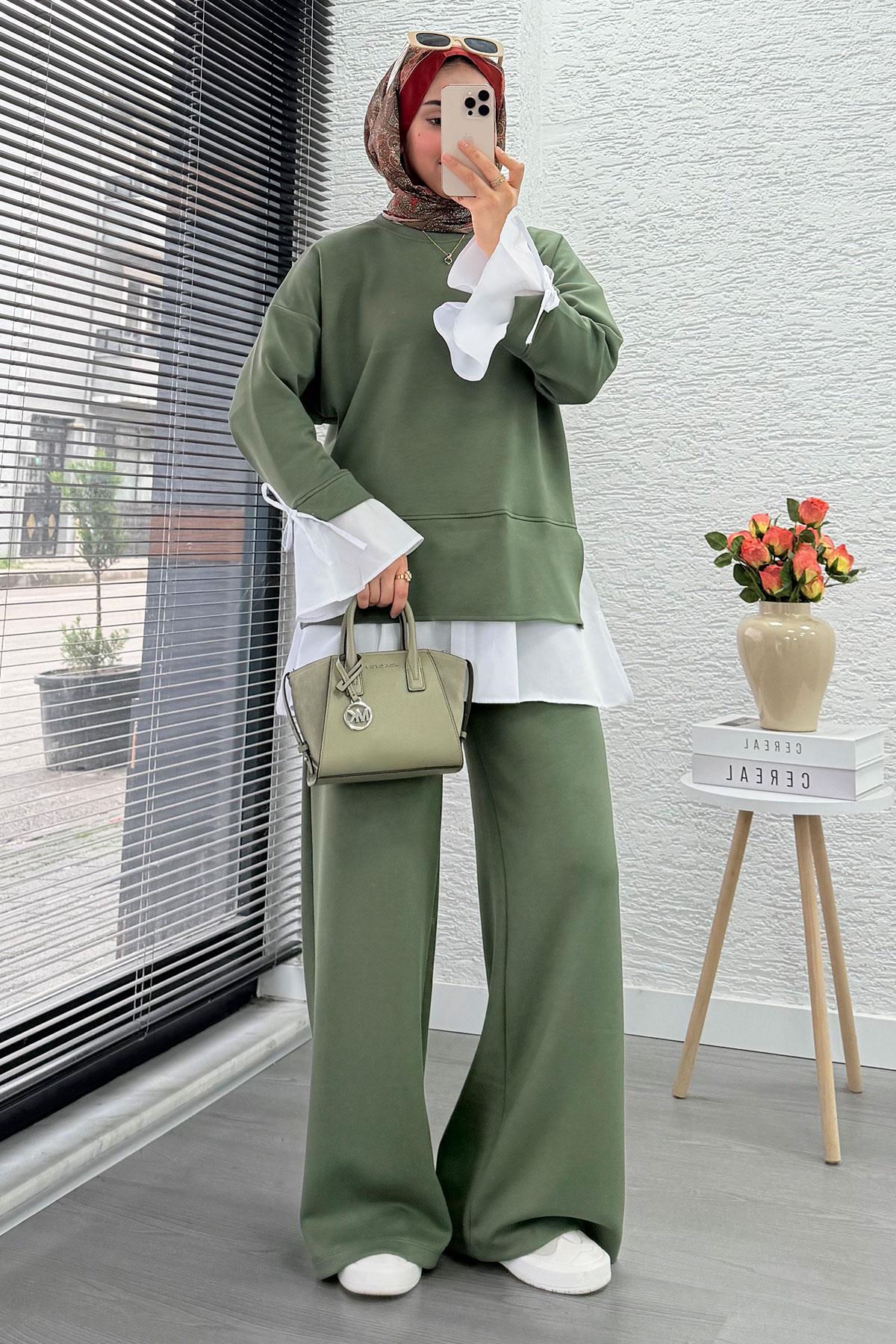 Volan Kollu Gömlek Detaylı Kadın İkili Takım - Haki