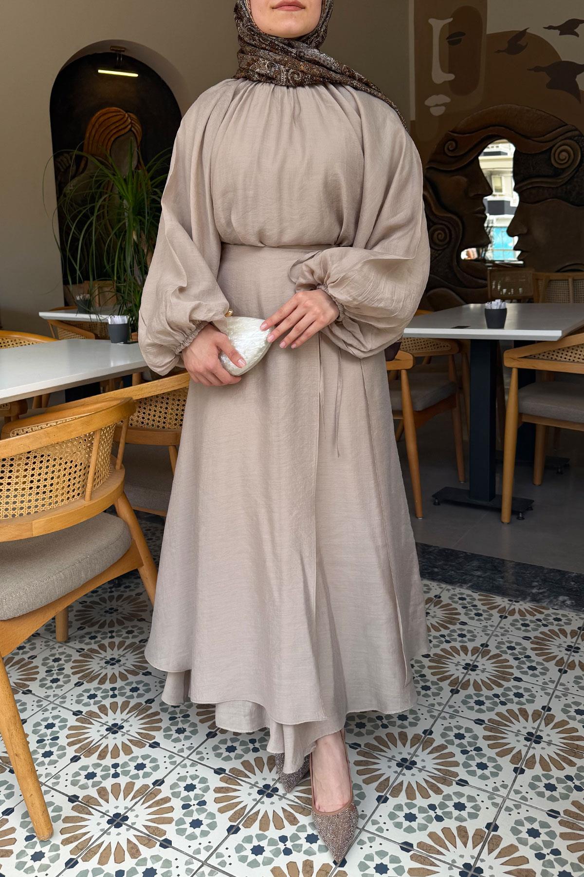 Vuala Bağlamalı Bluz Etek Takım-Bej