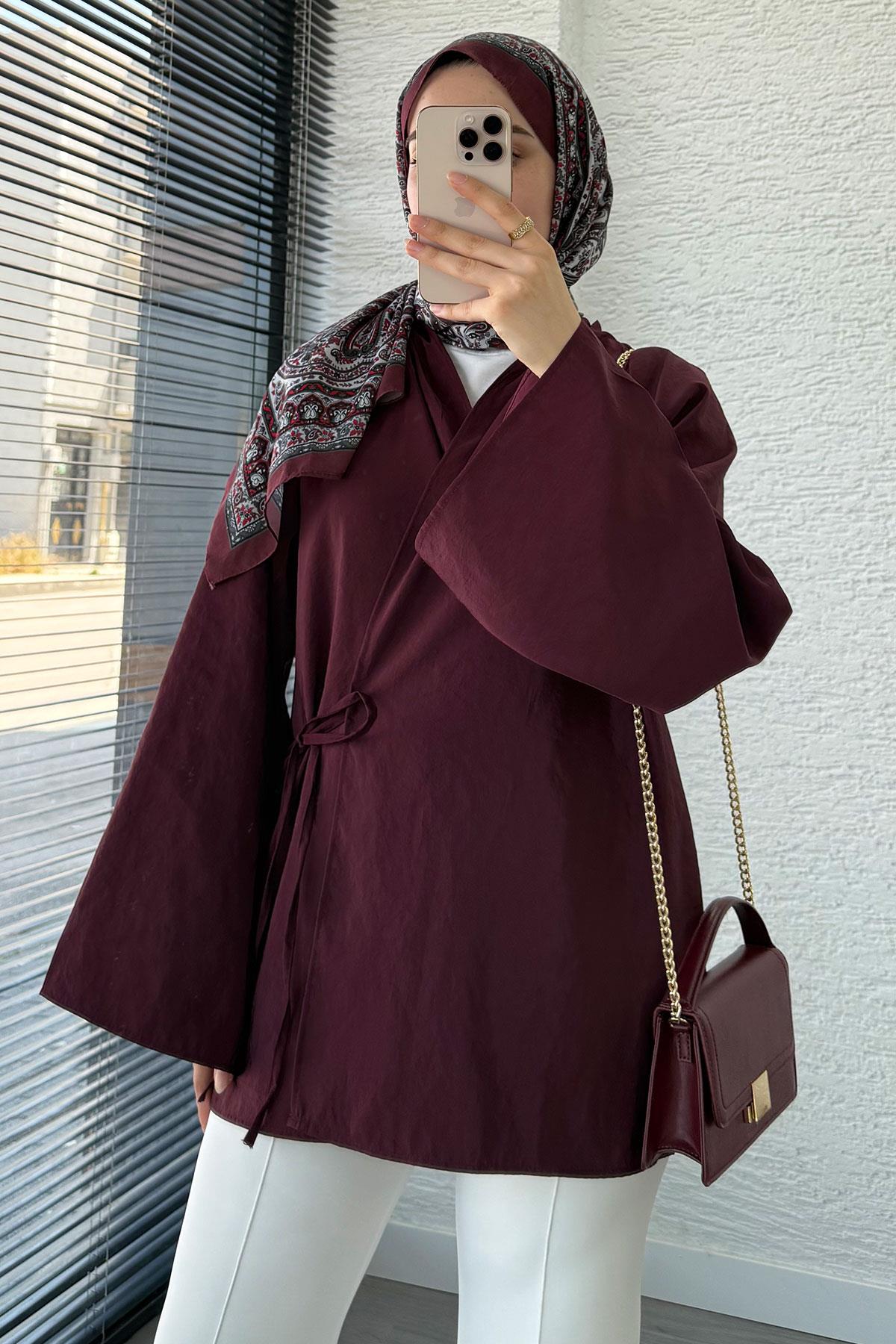 Yaka Pileli Bağlamalı Kimono – Mürdüm