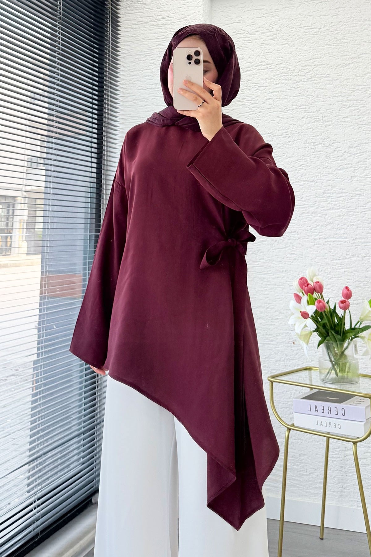 Yandan Bağlamalı Asimetrik Kesim Modal Tunik - Bordo