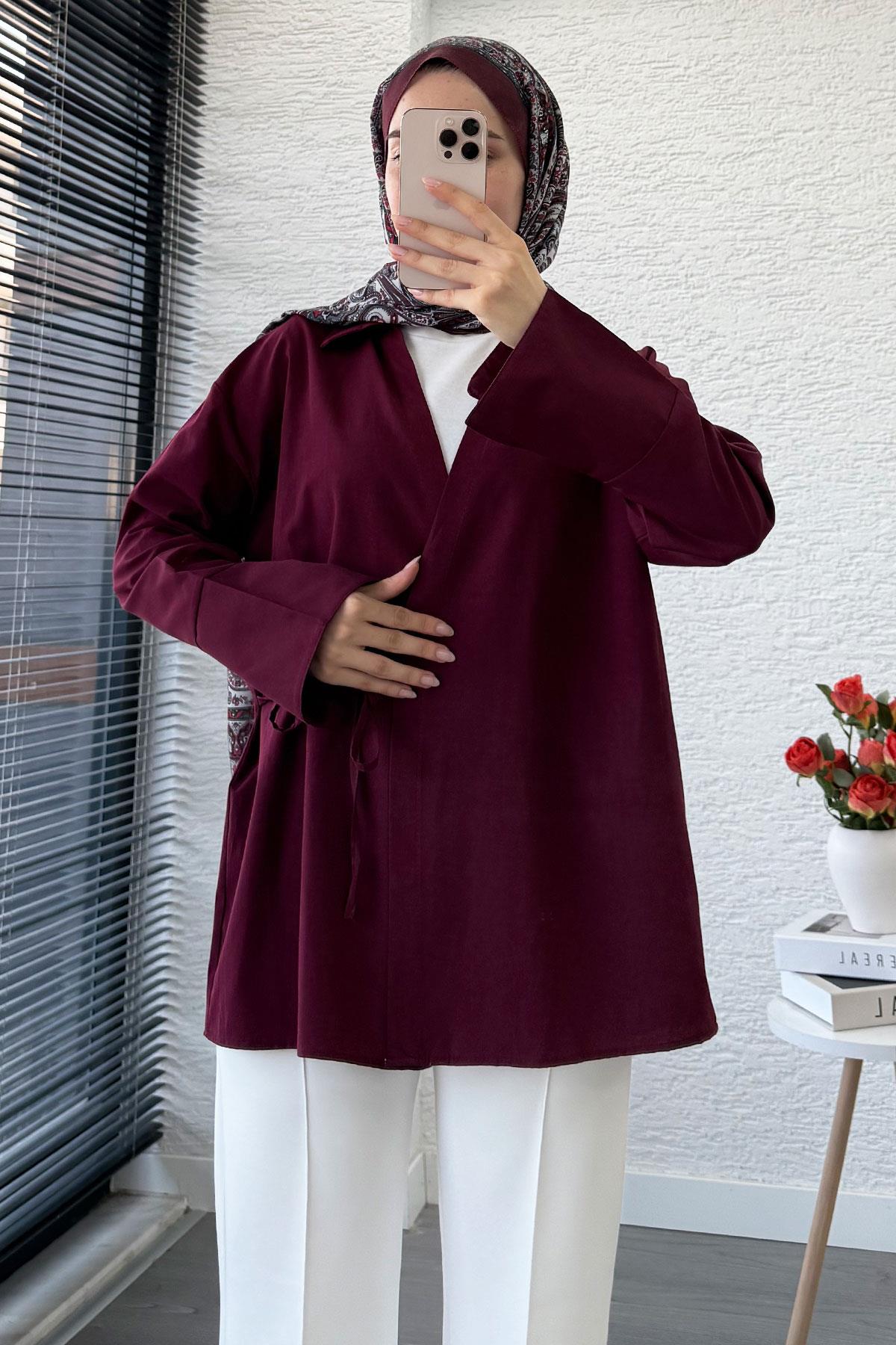 Yandan Bağlamalı Gömlek Yaka Poplin Kimono -Bordo