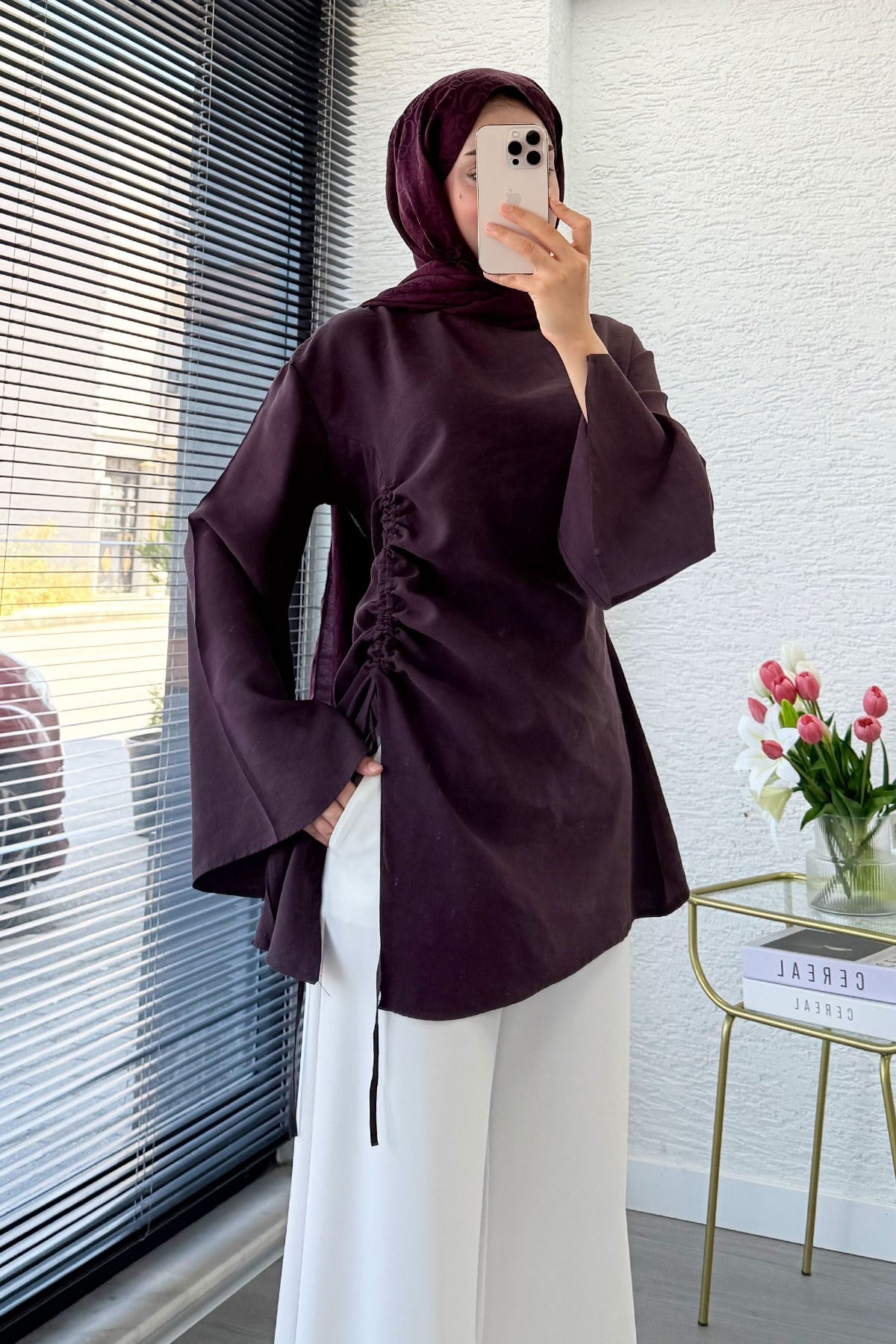 Yandan Büzgü Detaylı Asimetrik Kesim Modal Bluz - Mürdüm