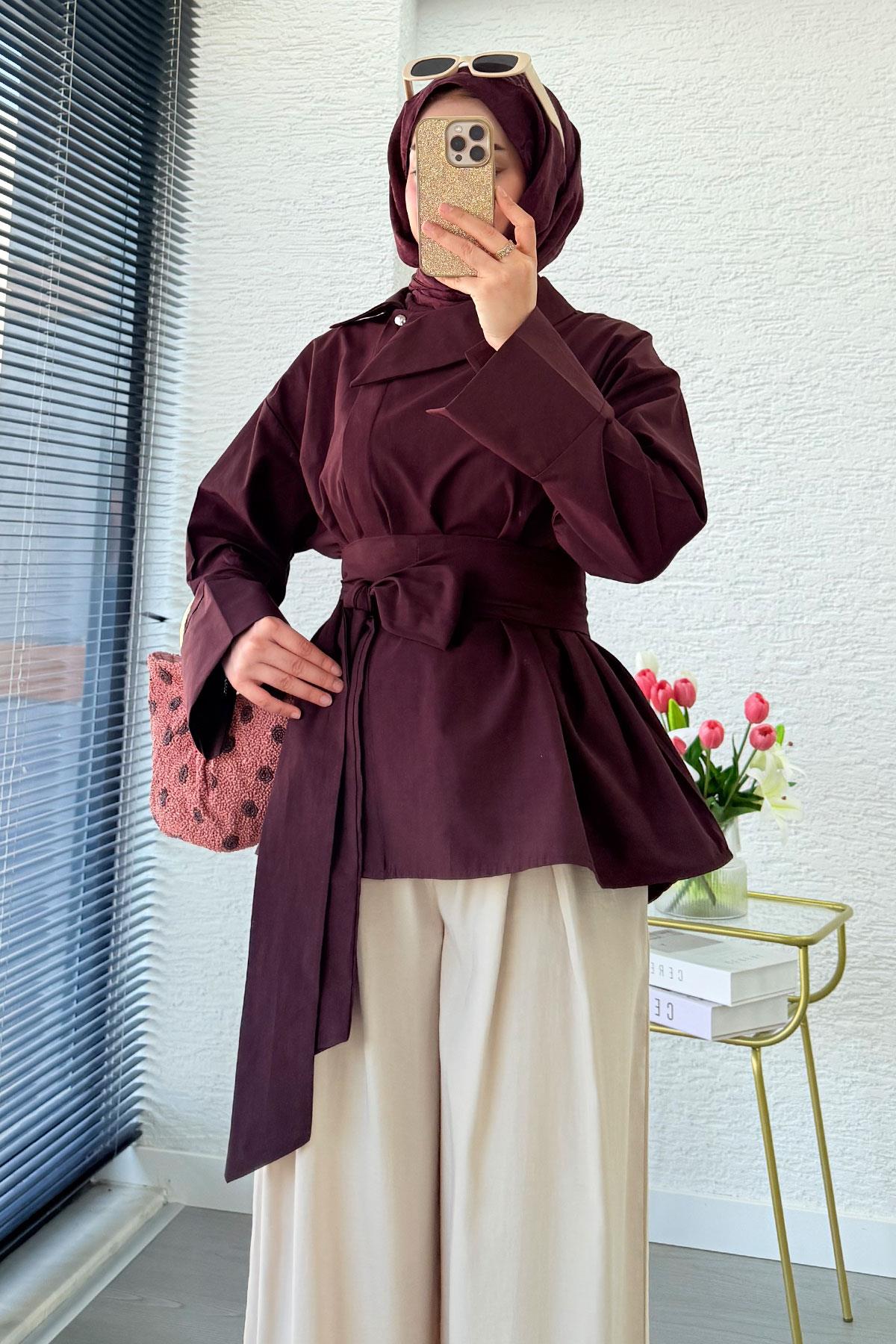 Yandan Düğmeli Geniş Kemerli Poplin Tunik – Bordo