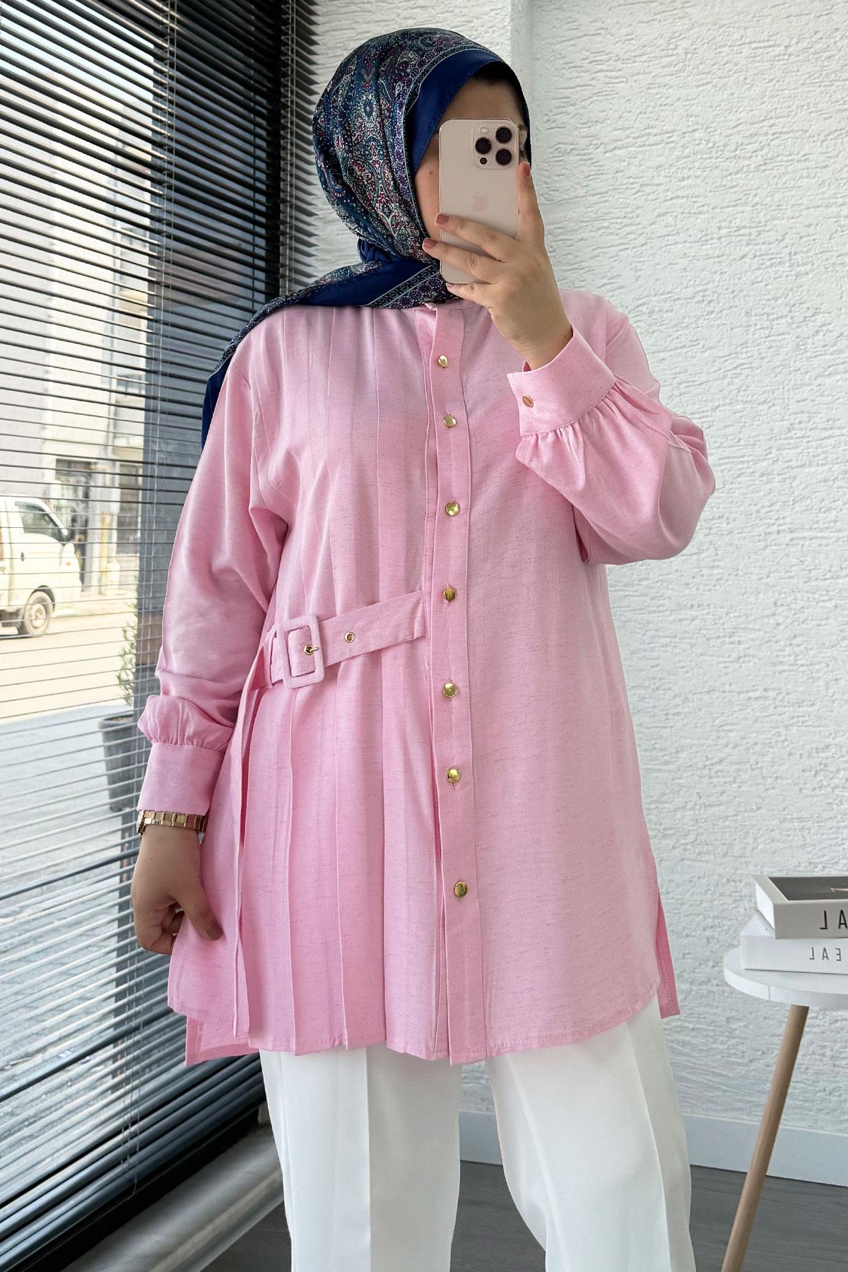 Yandan Kemerli Pile Detaylı Keten Tunik – Pembe