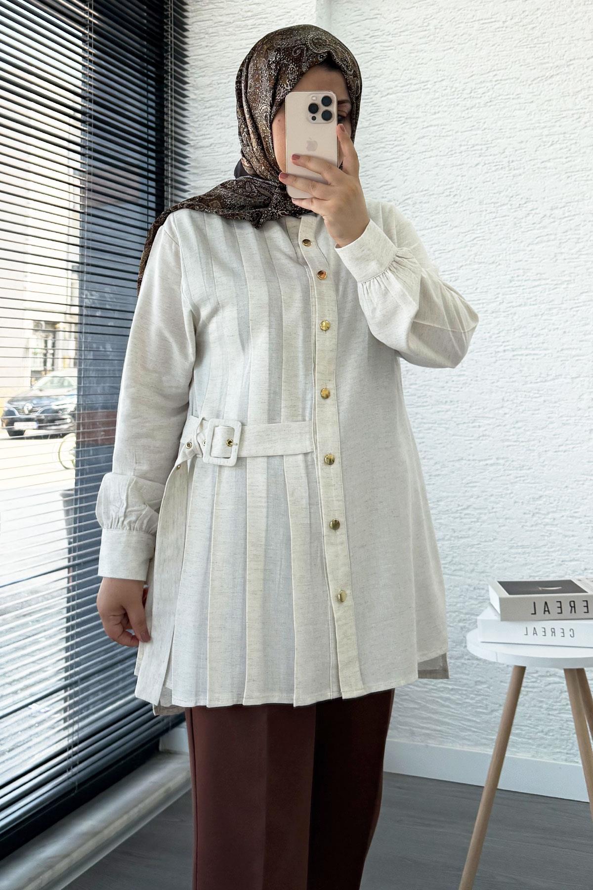 Yandan Kemerli Pile Detaylı Keten Tunik – Taş