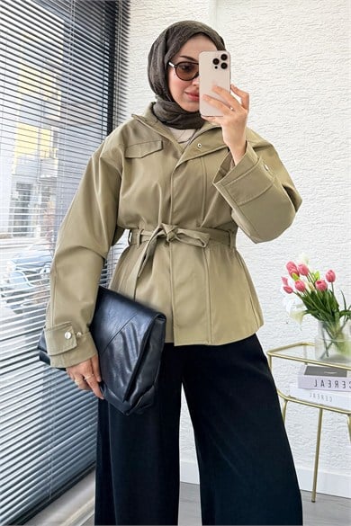 Premıum Mngo Model Dik Yaka Kemerli Ceket - Haki