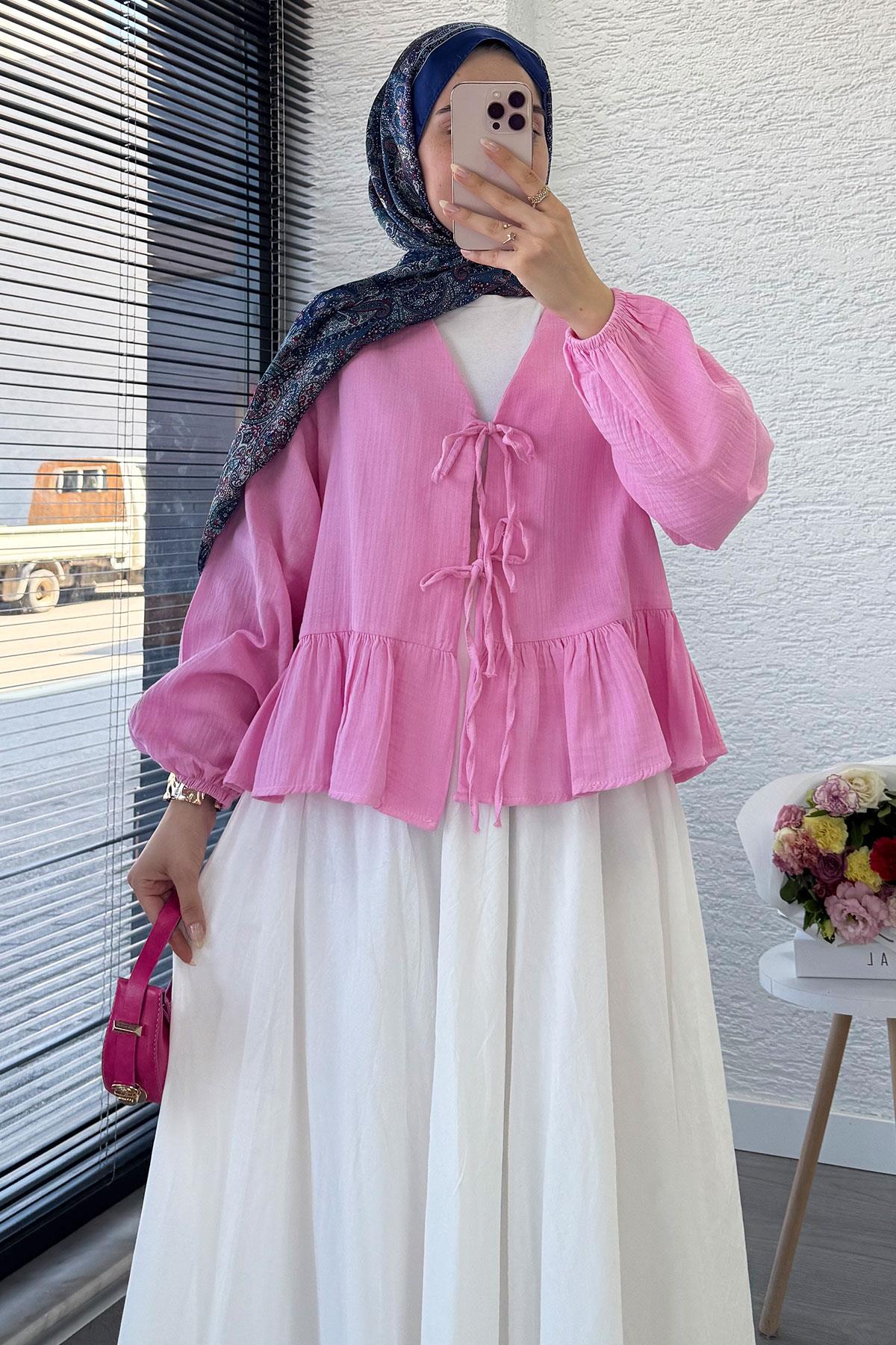 Altı Fırfır Detay Önden Bağlamalı Müslin Kimono -Pembe