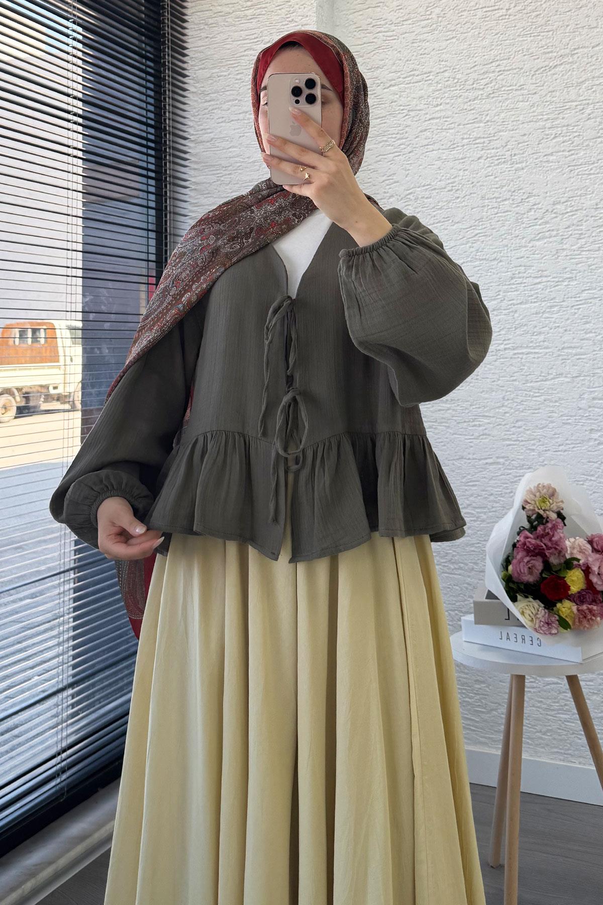Altı Fırfır Detay Önden Bağlamalı Müslin Kimono -Haki