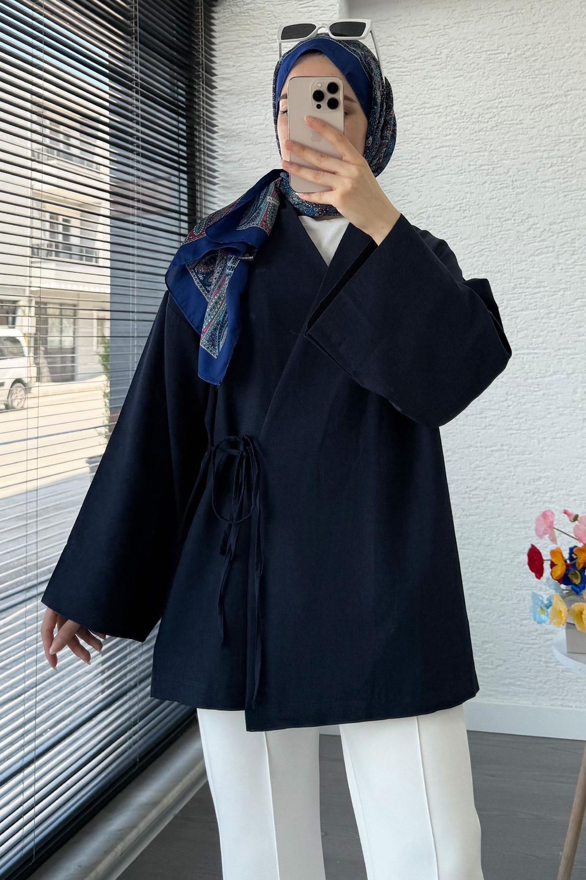 Anvelop Bağlamalı Kimono-Lacivert