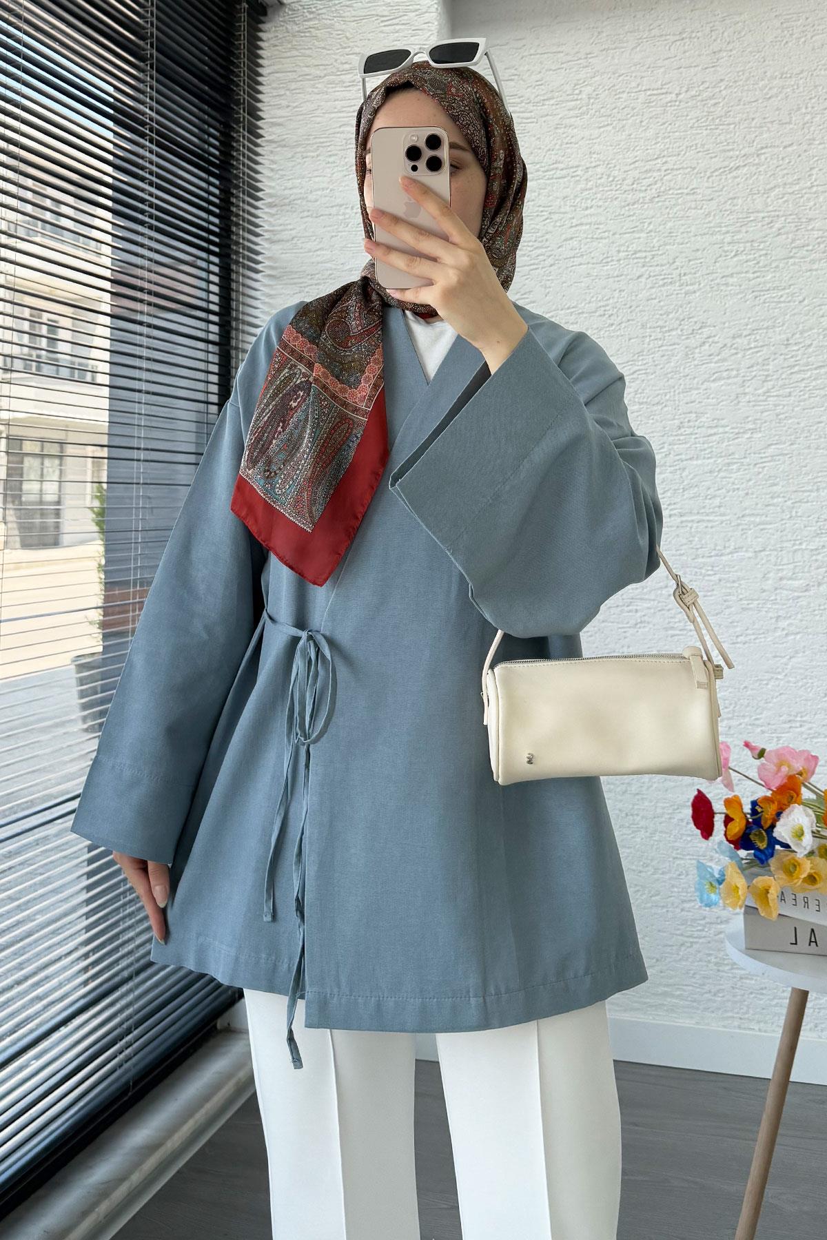 Anvelop Bağlamalı Kimono-Mavi