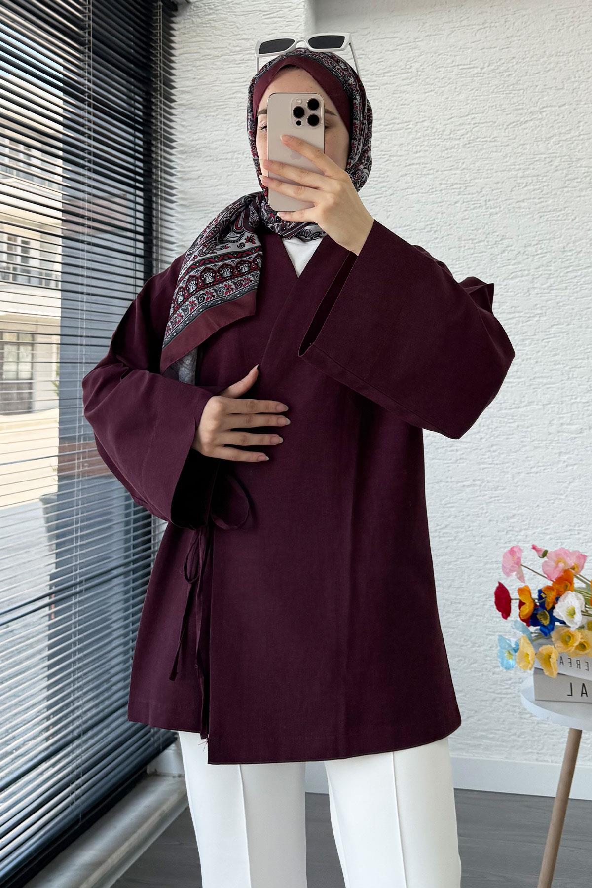 Anvelop Bağlamalı Kimono-Mürdüm