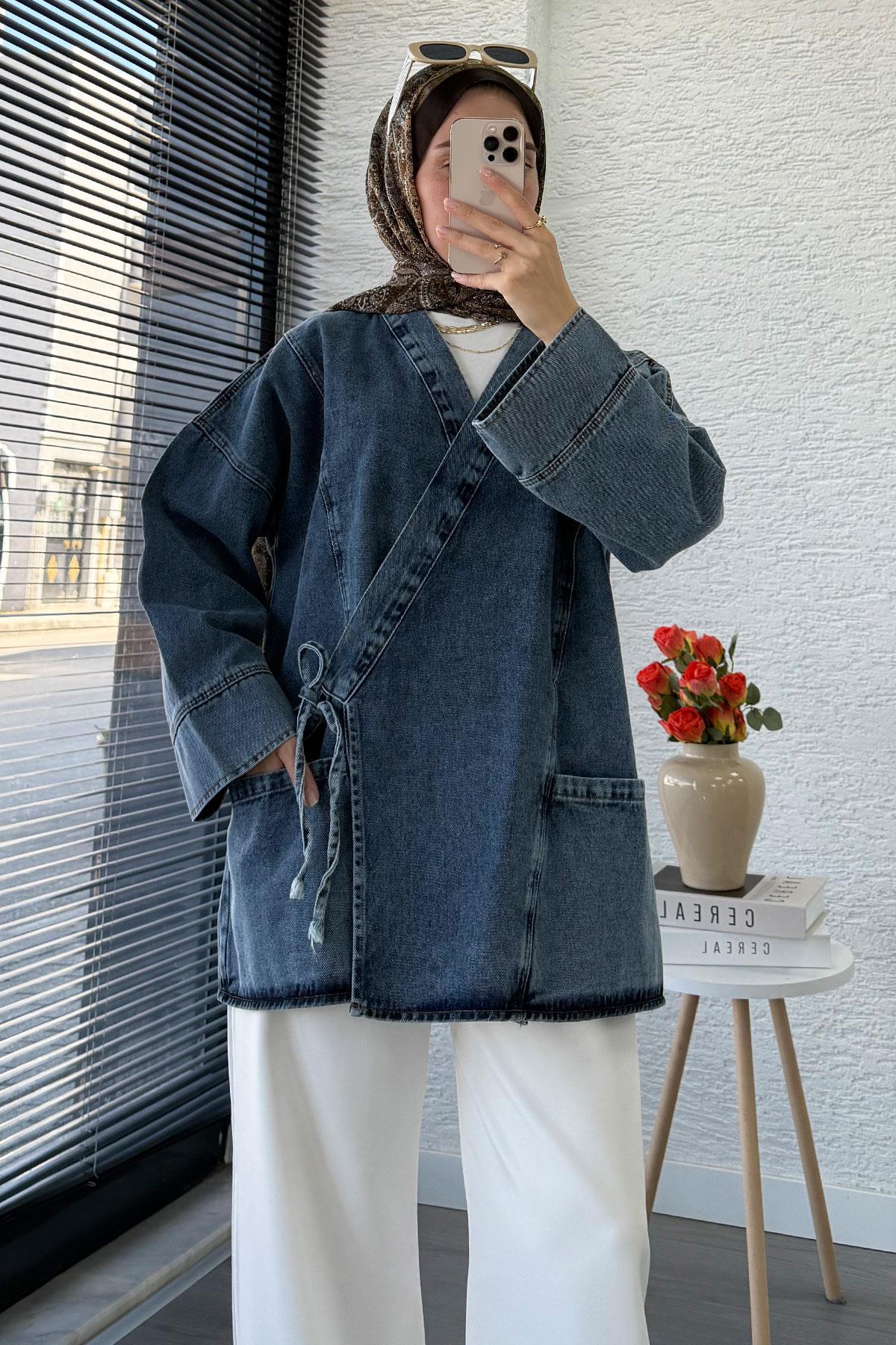 Anvelop Bağlamalı Oversize Denim Ceket - Gri