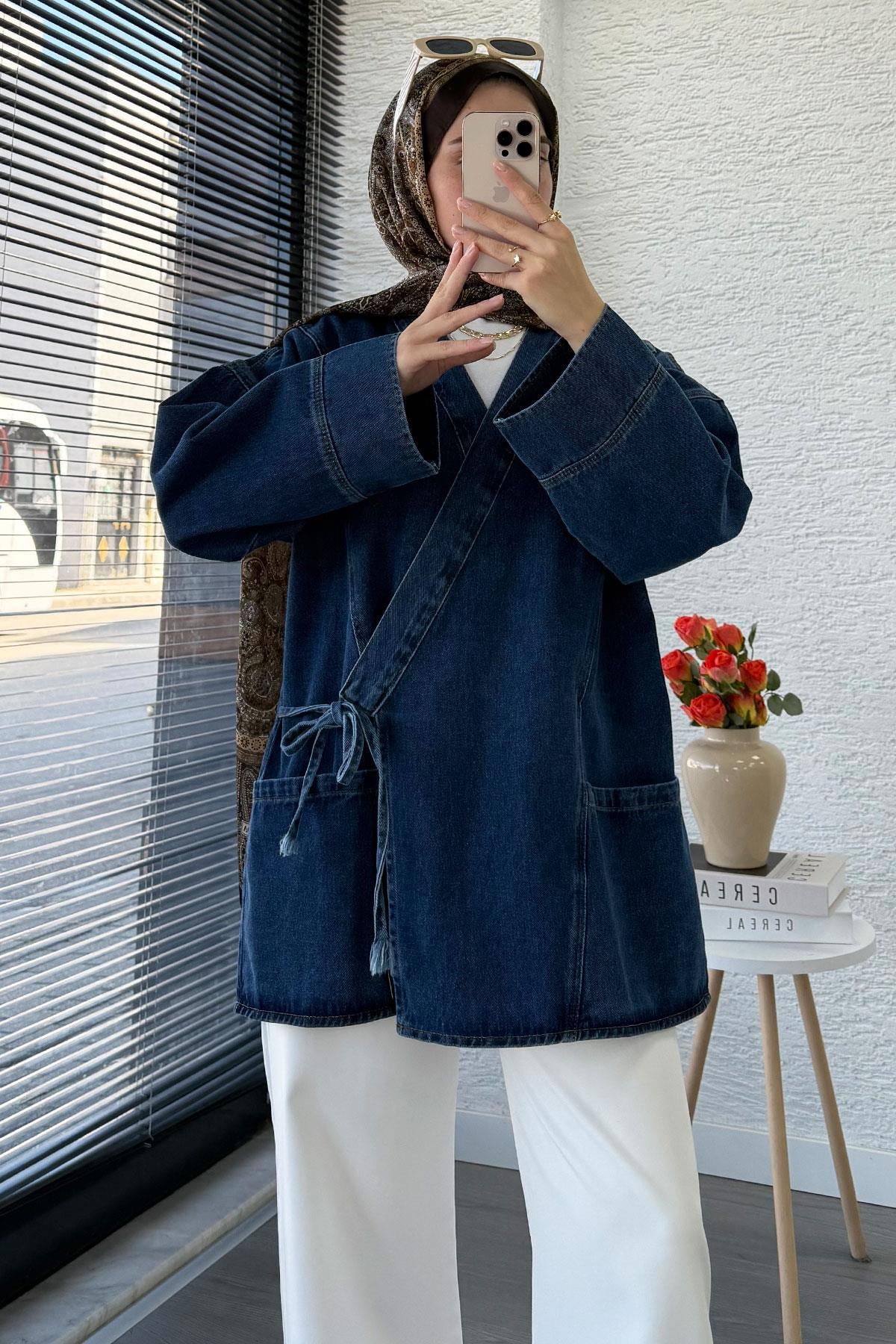 Anvelop Bağlamalı Oversize Denim Ceket - Koyu Mavi