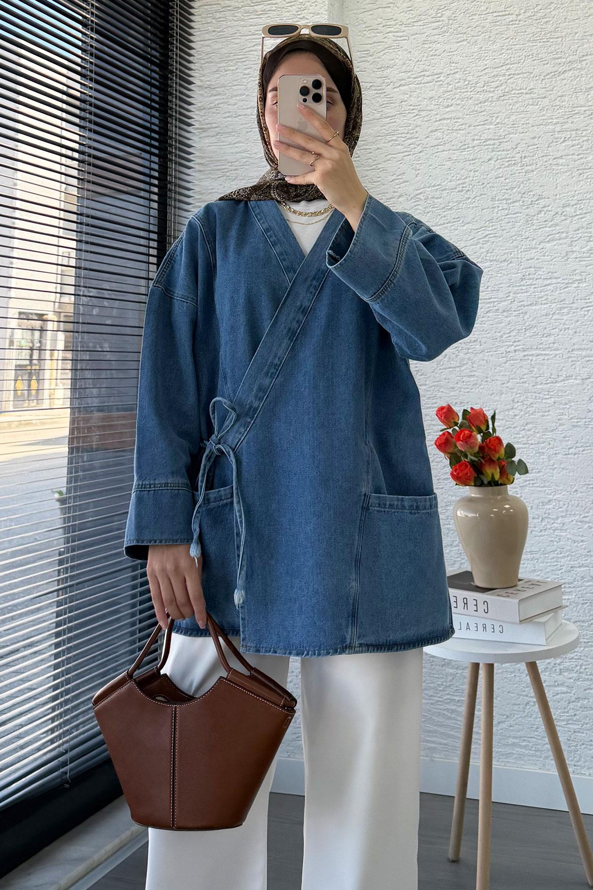 Anvelop Bağlamalı Oversize Denim Ceket - Açık Mavi