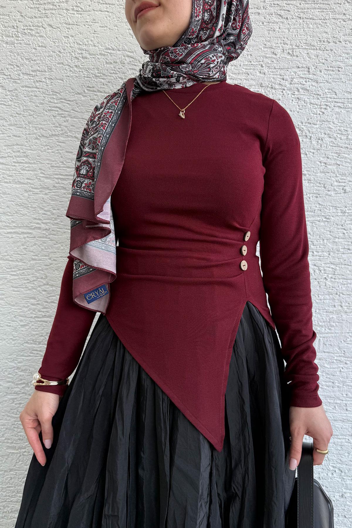 Asimetrik Kesim 3 Düğmeli Bluz-Bordo 