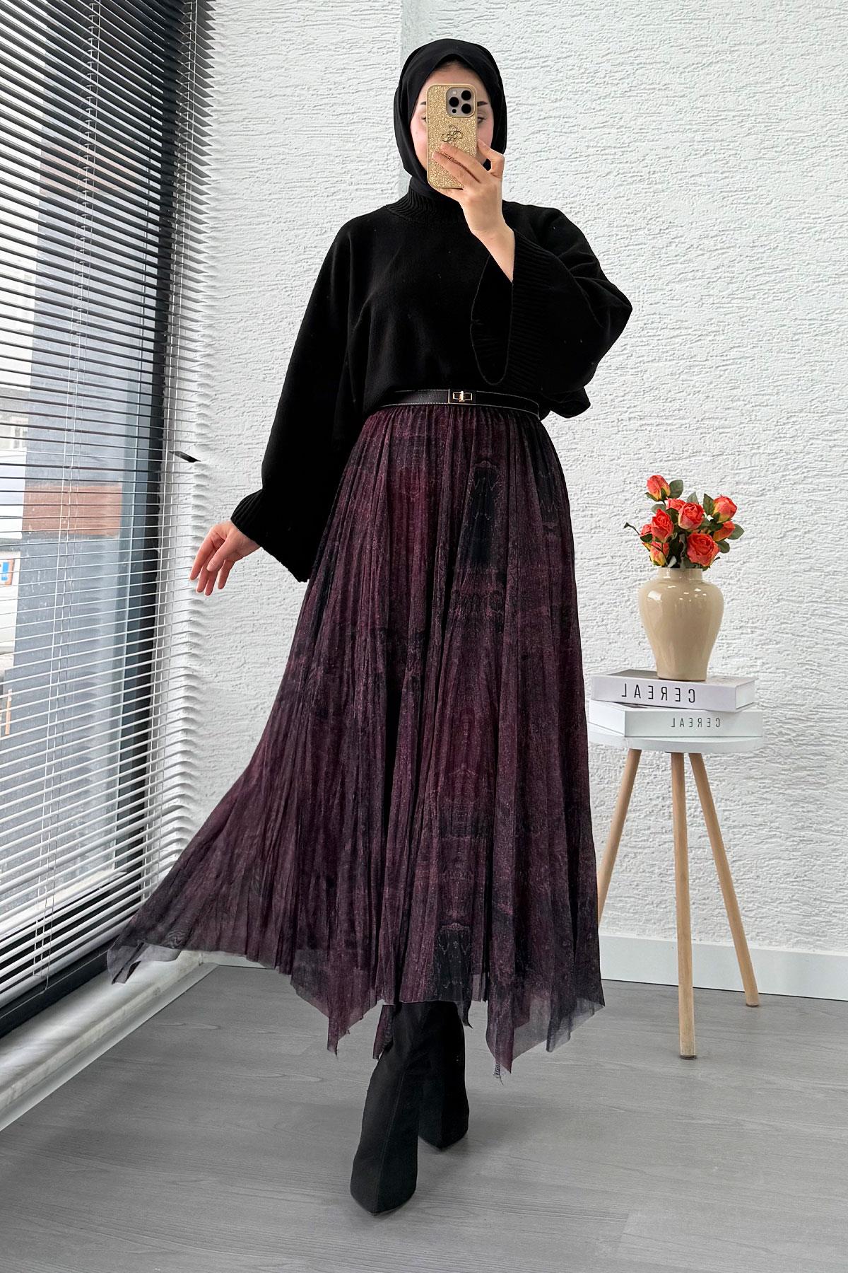 Asimetrik Kesim Astarlı Tül Midi Boy Etek - Siyah