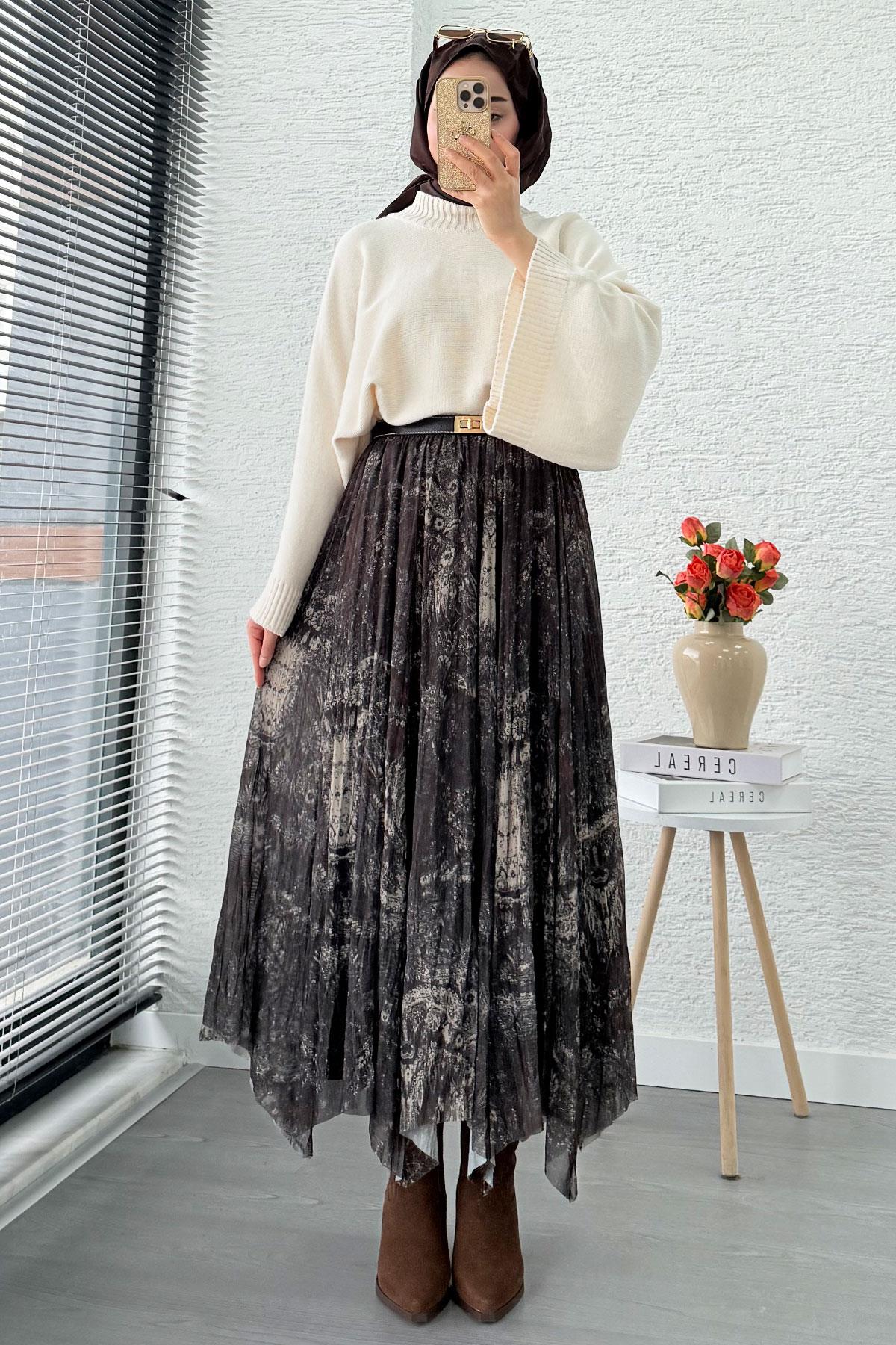 Asimetrik Kesim Astarlı Tül Midi Boy Etek - Kahverengi