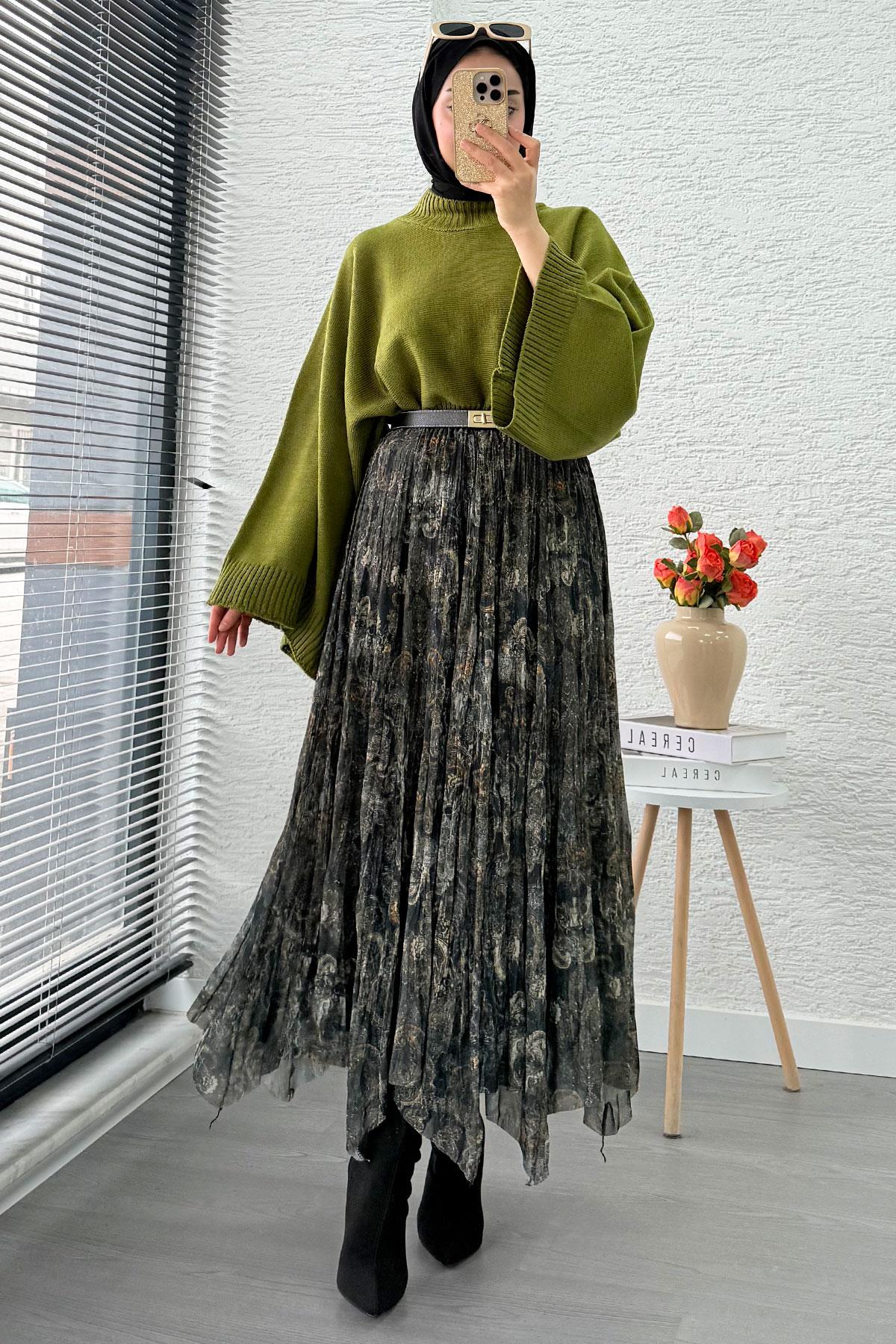 Asimetrik Kesim Astarlı Tül Midi Boy Etek - Yeşil