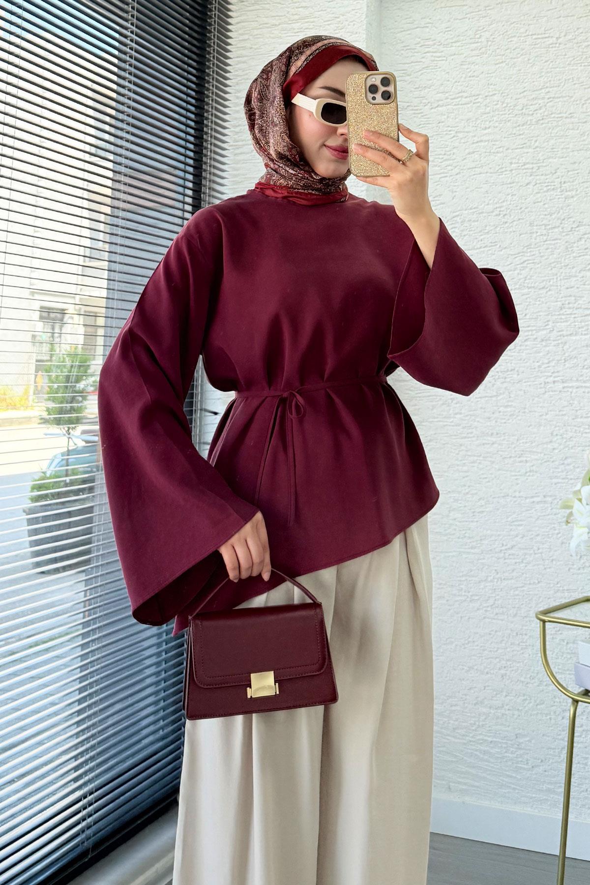 Asimetrik Kesim Volan Kol Modal Bluz – Bordo