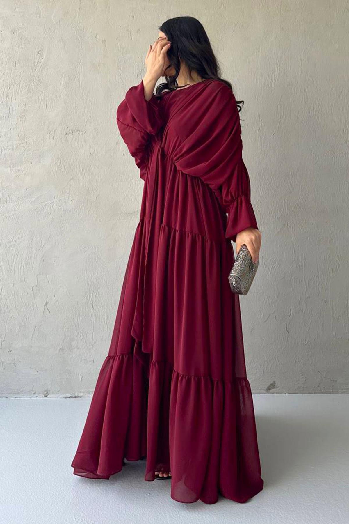 Ayza Şifon Abaya Takım-Bordo