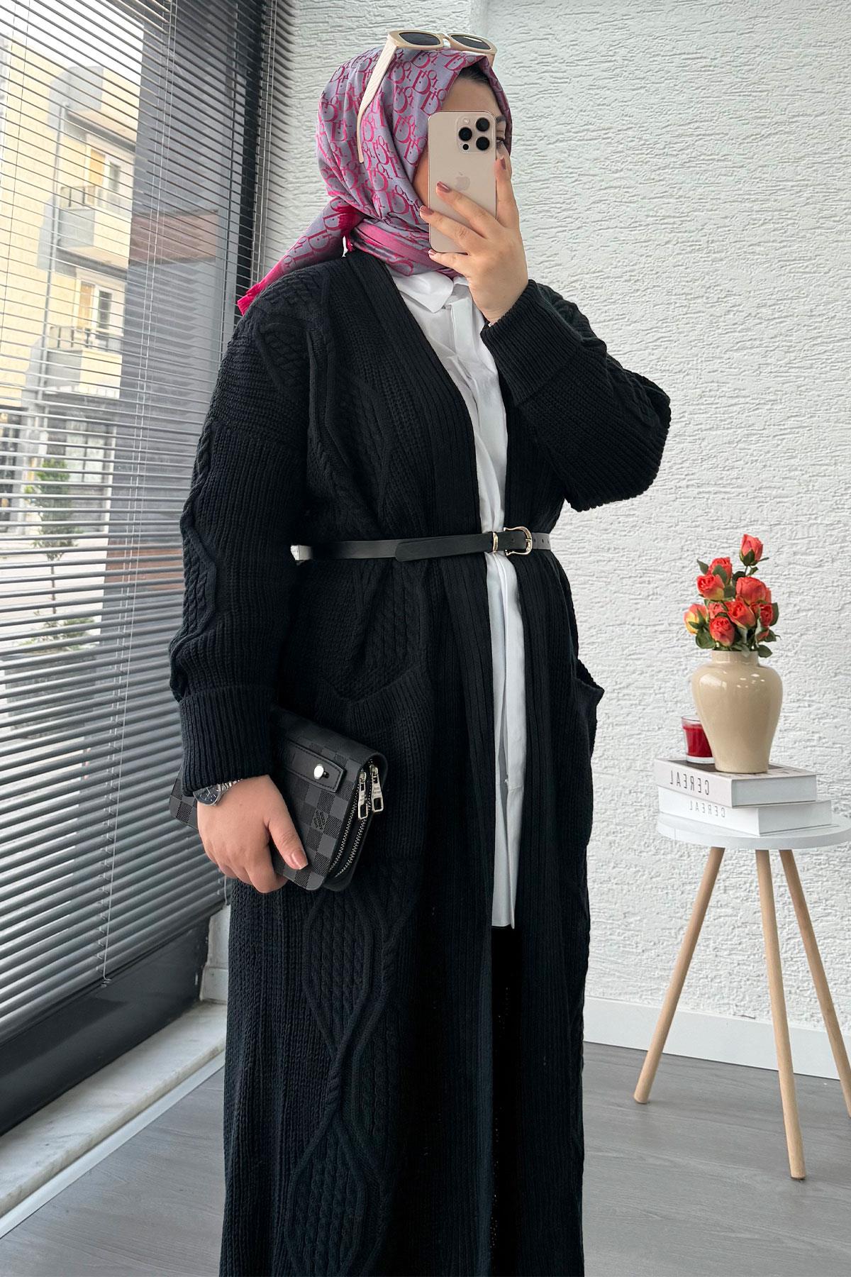 Baklava Desen Uzun Triko Kadın Hırka – Lacivert