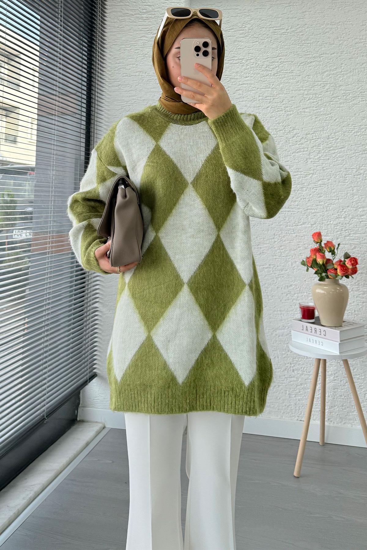 Baklava Desen Yumoş Triko Kadın Kazak – Yeşil