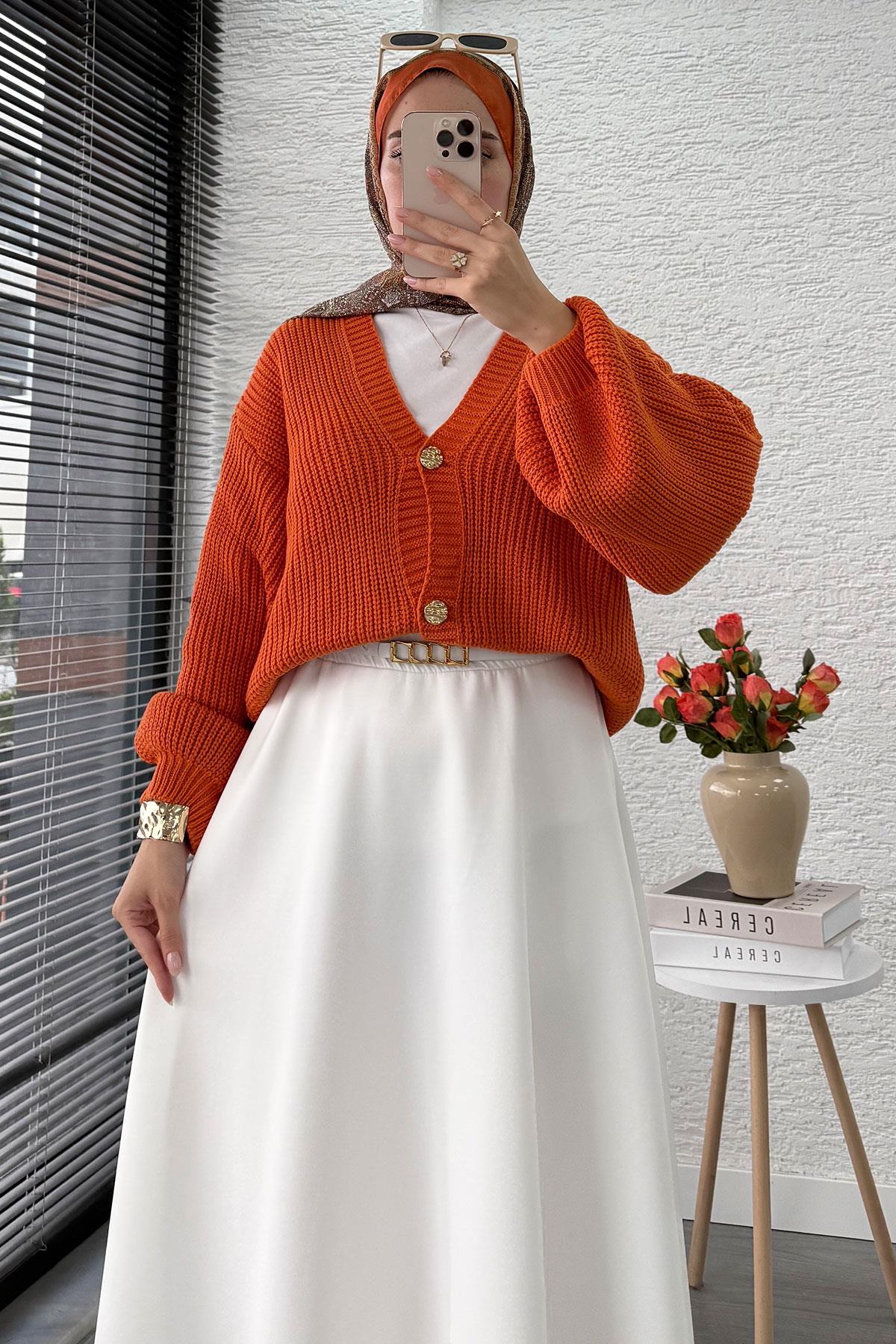 Balon Kol Gold Düğmeli Triko Hırka – Turuncu