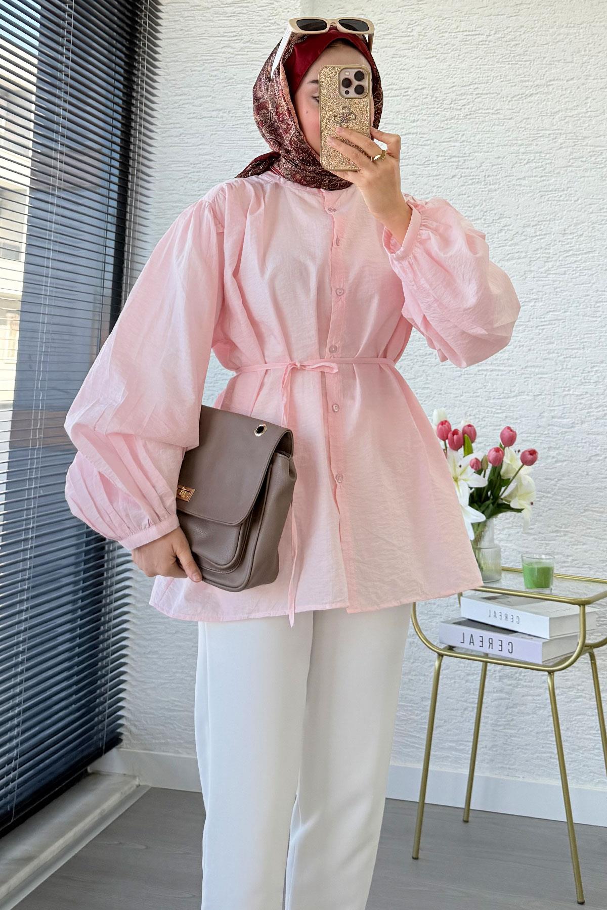 Balon Kol Hakim Yaka Zigana Tunik – Pembe