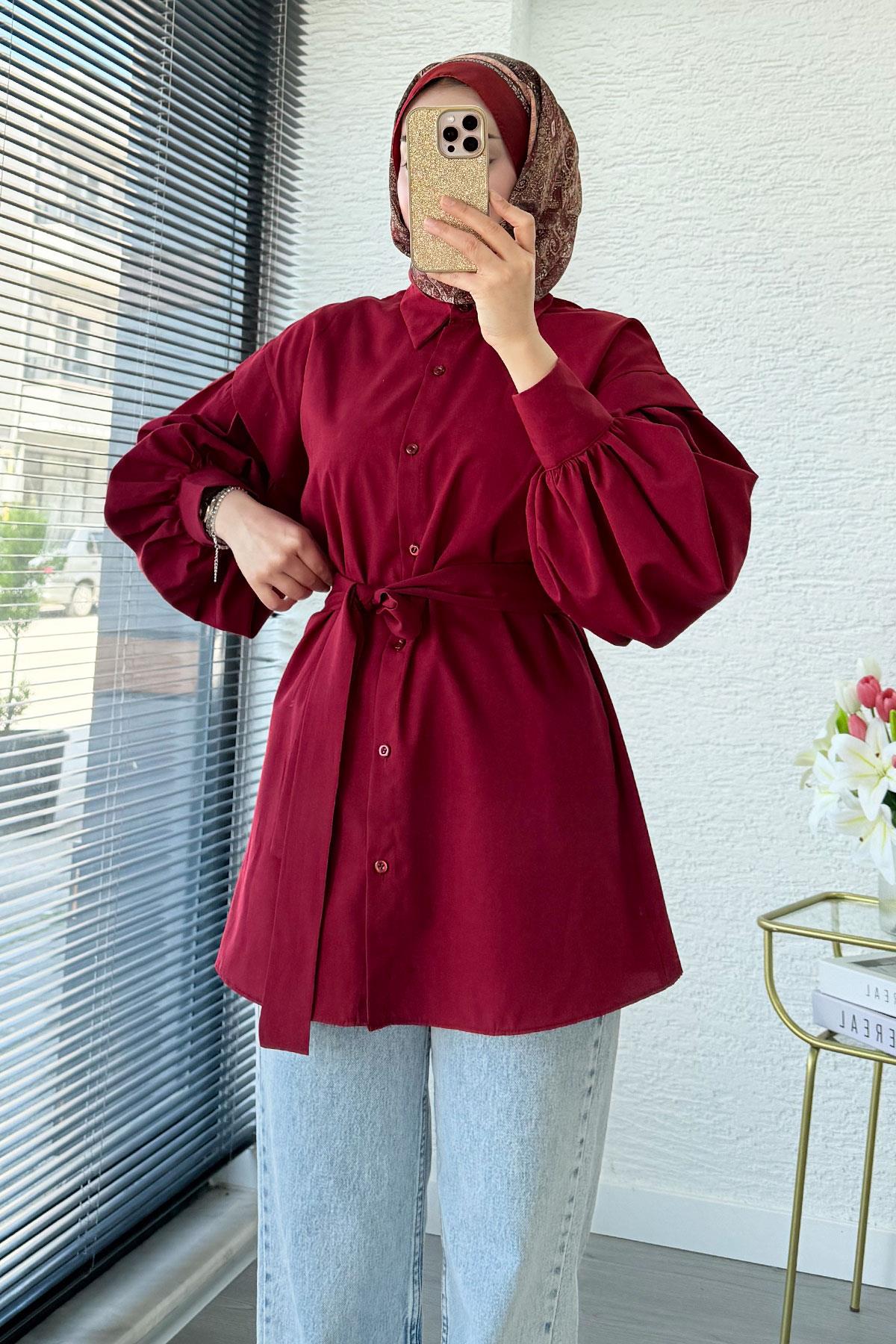 Balon Kol Kemerli Poplin Gömlek Tunik - Bordo