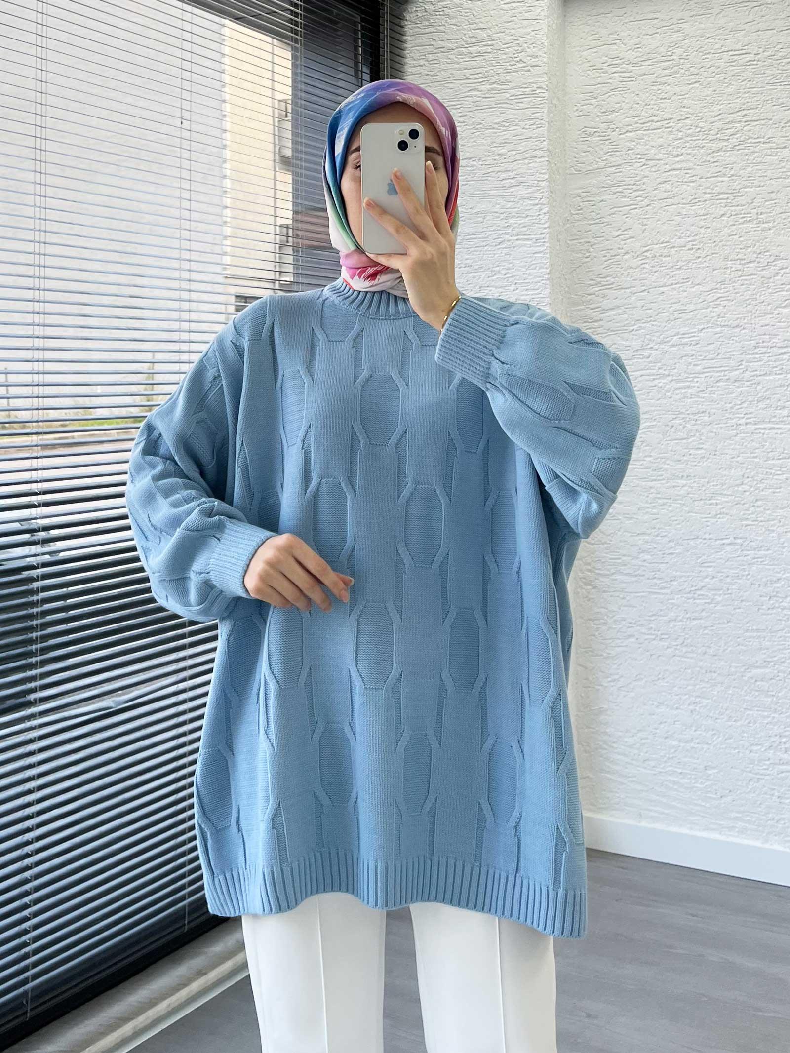 Bebe Mavi Kare Desenli Oversize Kadın Kazak