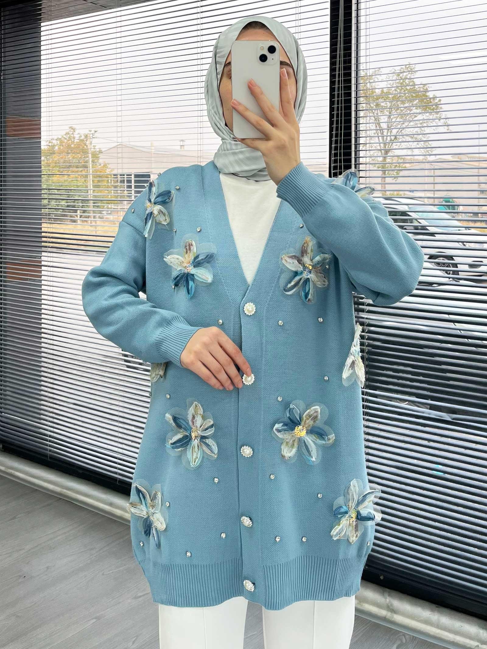 Bebe Mavi Şık Çiçek Detaylı Kadın Hırka