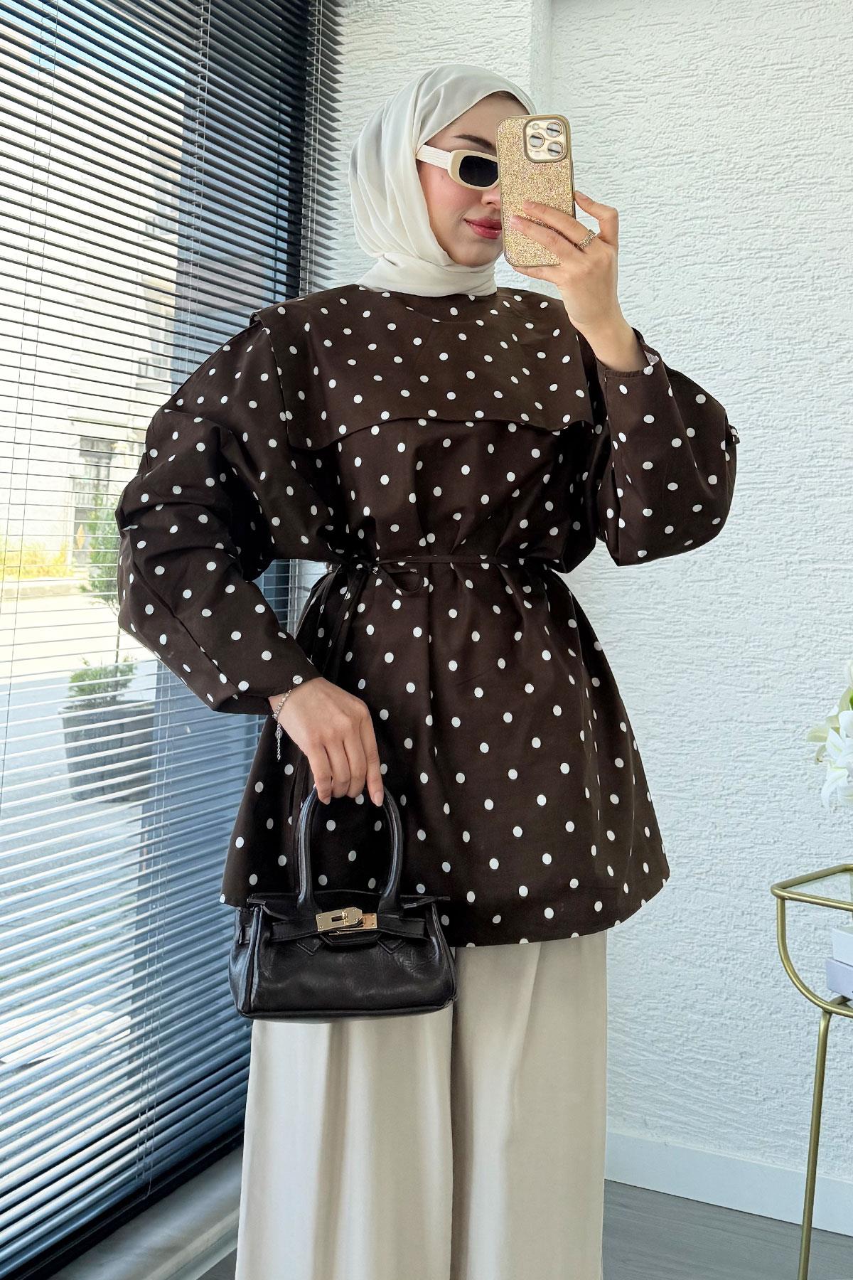 Bebe Yaka Puantiyeli Poplin Tunik – Kahverengi