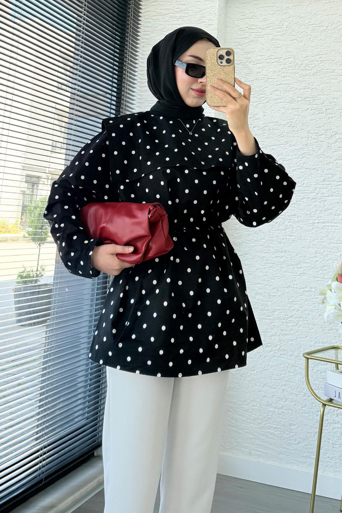 Bebe Yaka Puantiyeli Poplin Tunik – Siyah