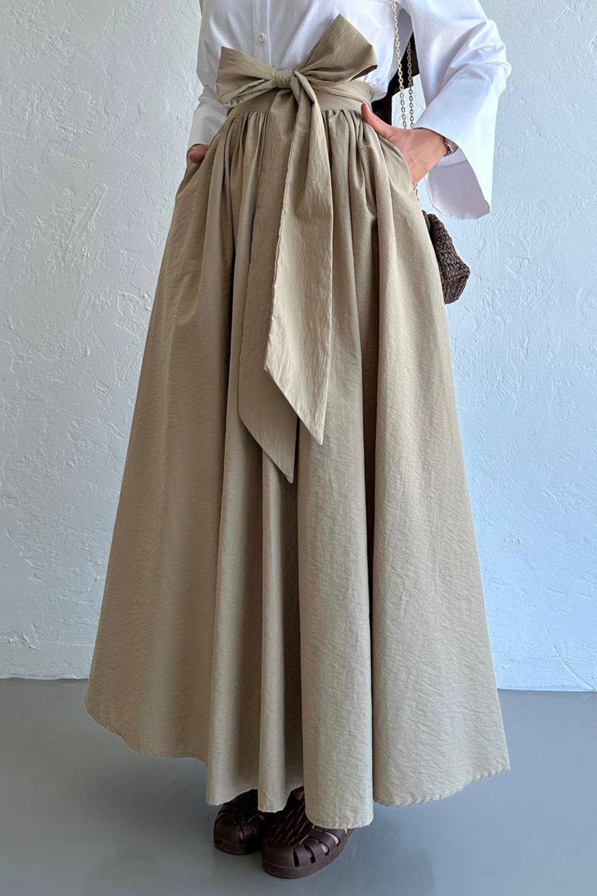 Bej Linda Kuşaklı Maxi Etek
