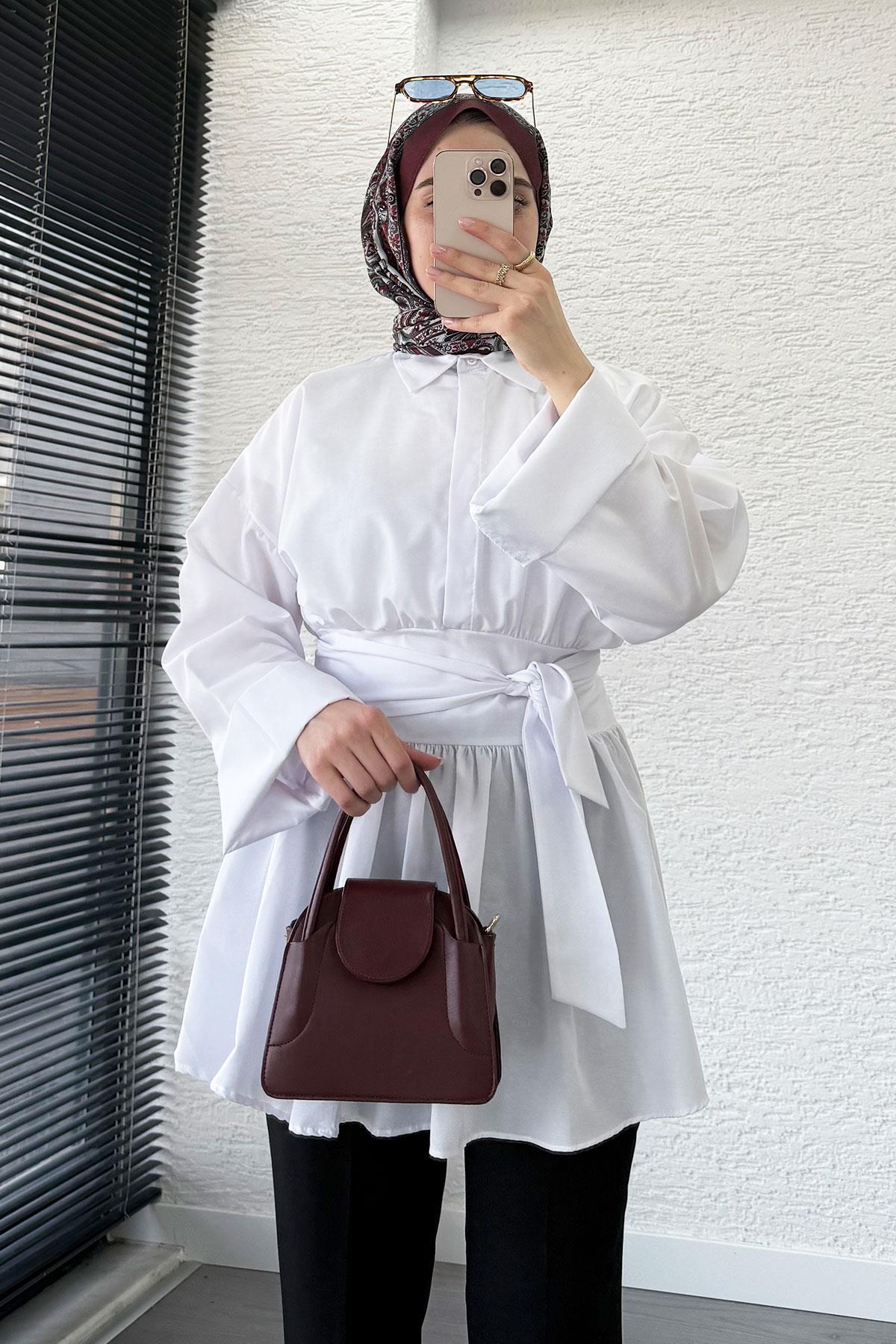Bel Kuşaklı Poplin Tunik-Beyaz