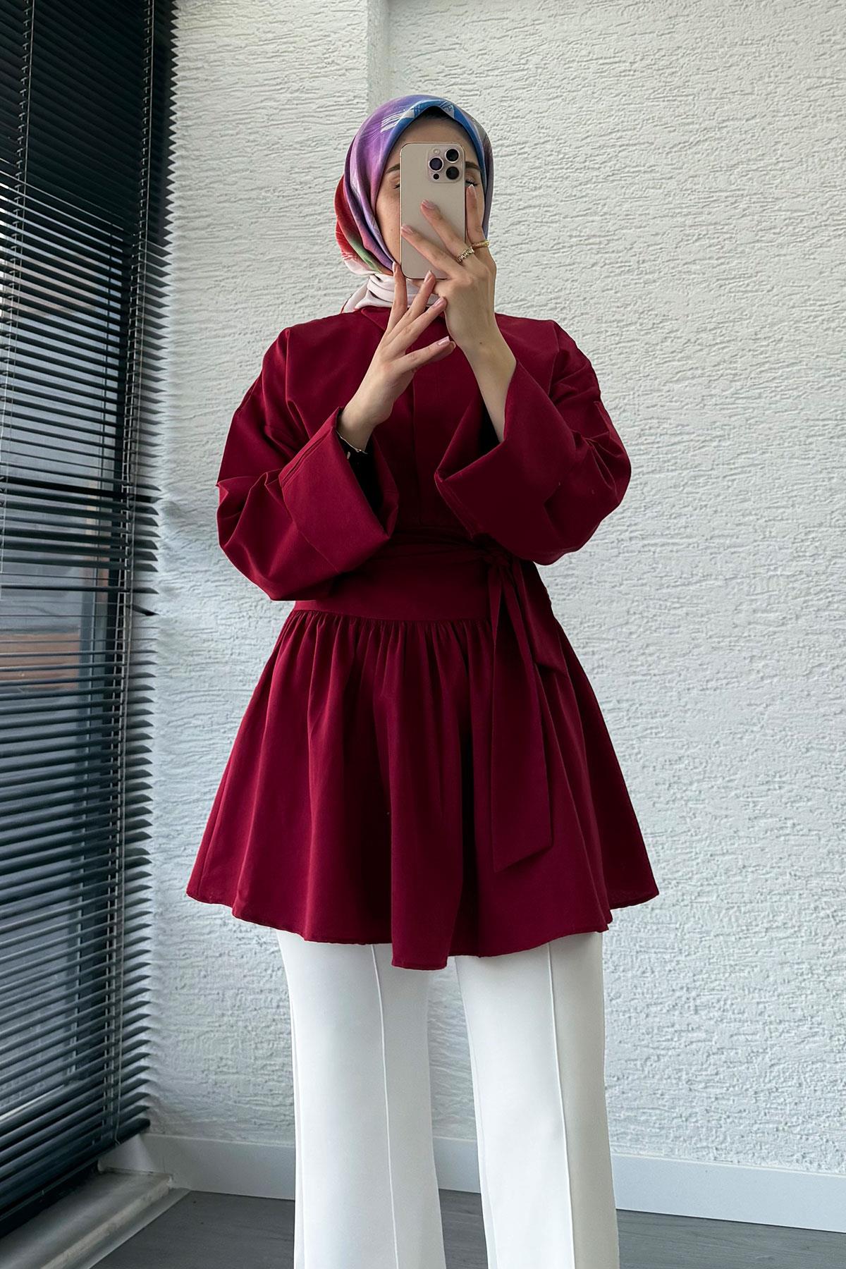 Bel Kuşaklı Poplin Tunik-Bordo