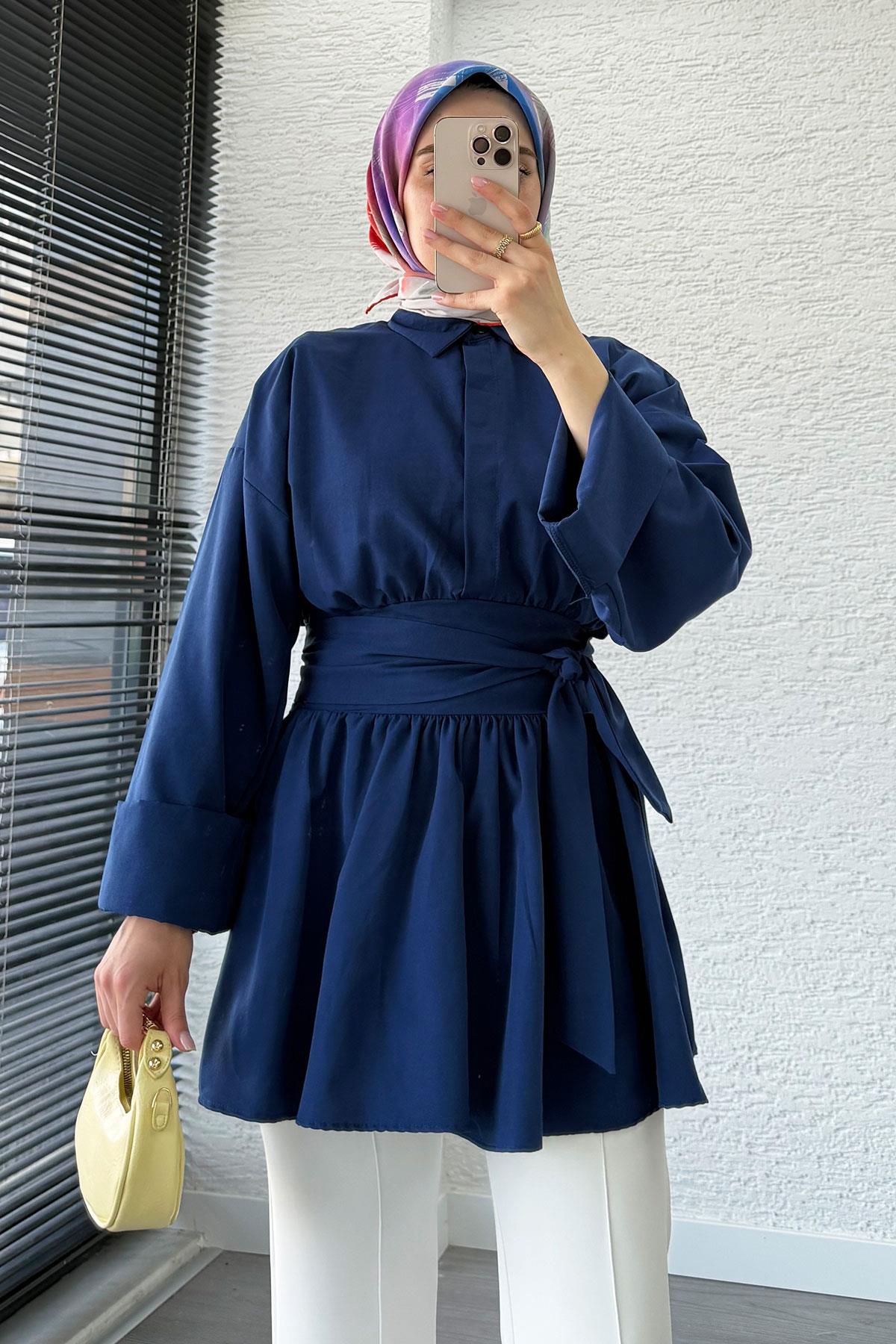 Bel Kuşaklı Poplin Tunik-Lacivert