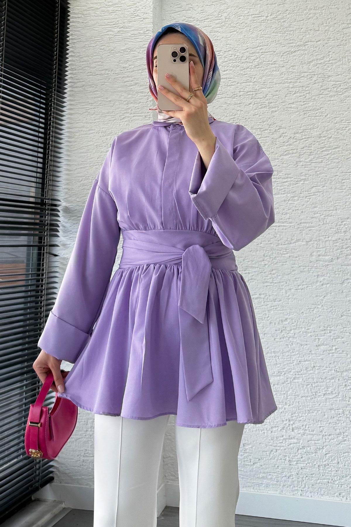 Bel Kuşaklı Poplin Tunik-Lila