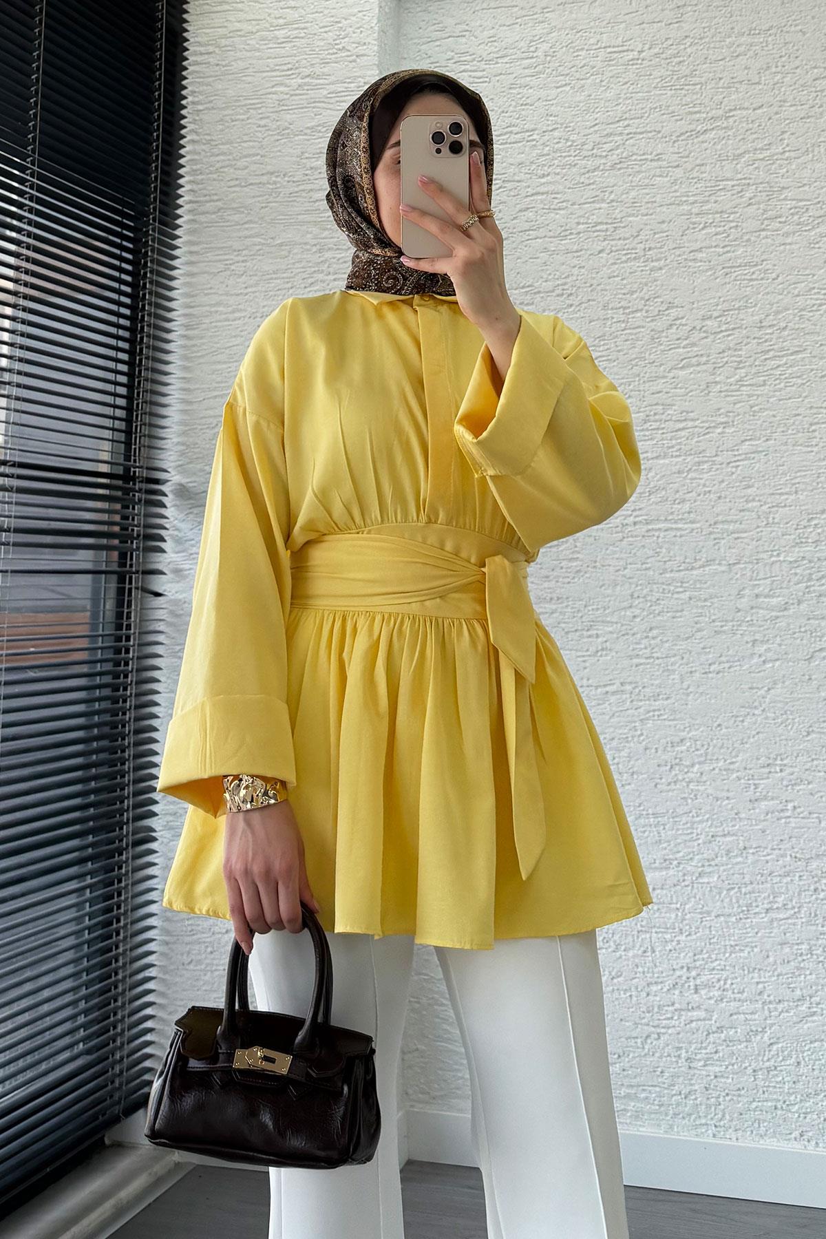 Bel Kuşaklı Poplin Tunik-Sarı