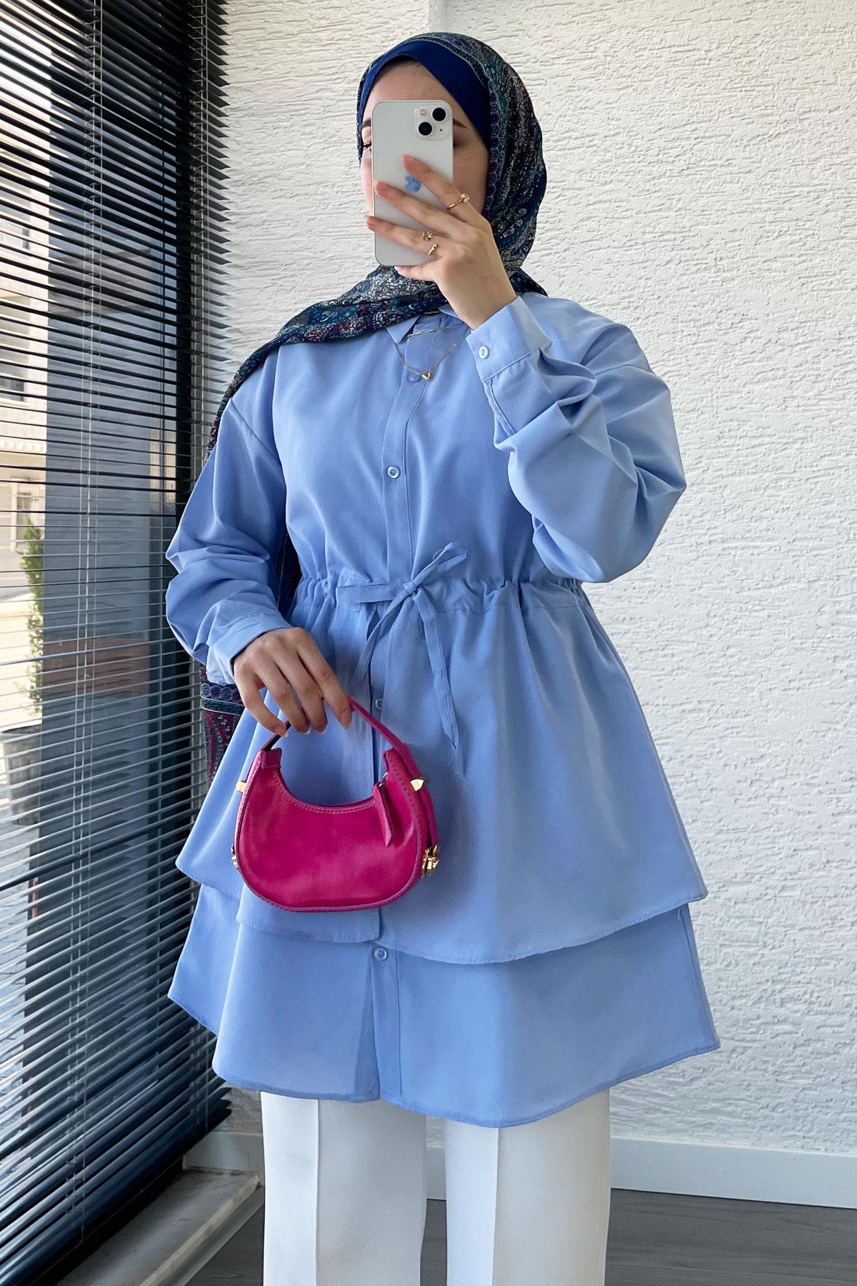 Belden Bağlamalı Çift Kat Volanlı Tunik - Mavi