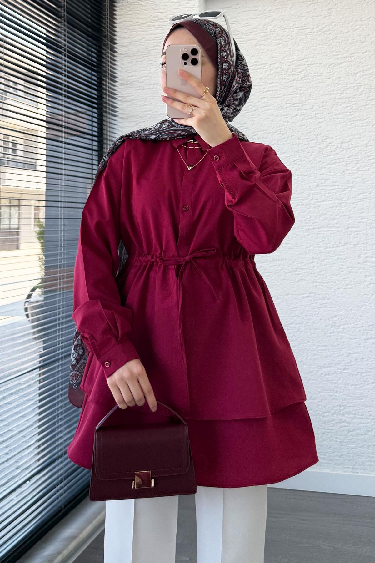 Belden Bağlamalı Çift Kat Volanlı Tunik - Bordo